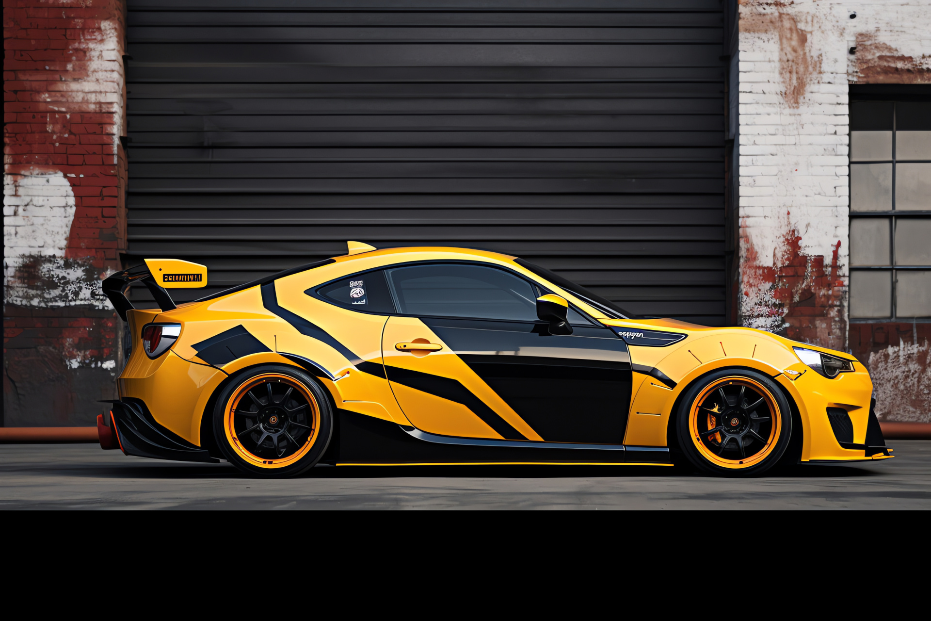 Yellow Scion FR-S Rocket Bunny, vibrant triple-color scheme, sports car character, HD Desktop Wallpaper