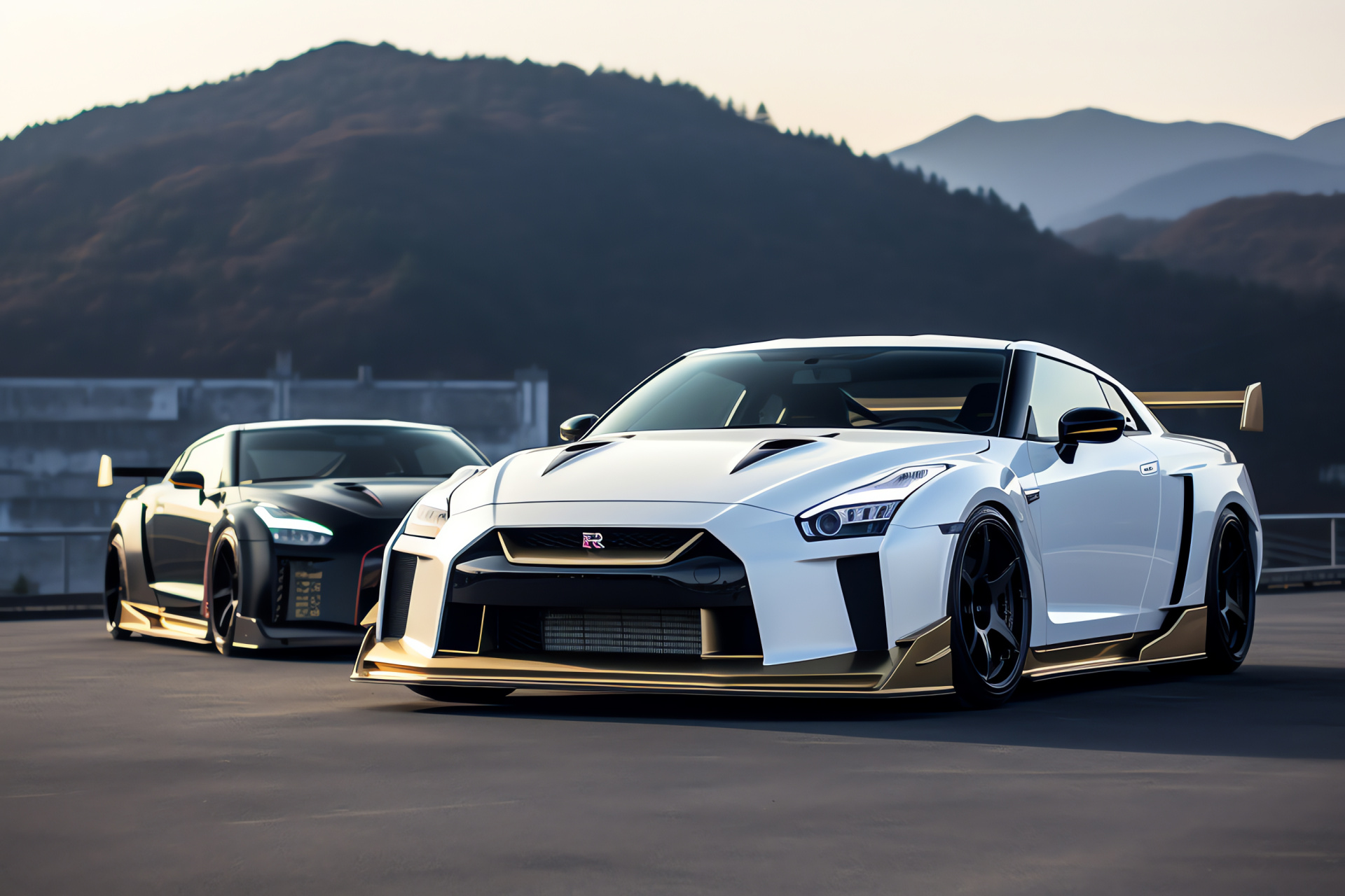 Nissan GTR HD Fuji Speedway track, GT-R50 Italdesign white gold, Iconic Japanese mountain, Premium sports coupe, Race-ready vehicle design, HD Desktop Wallpaper