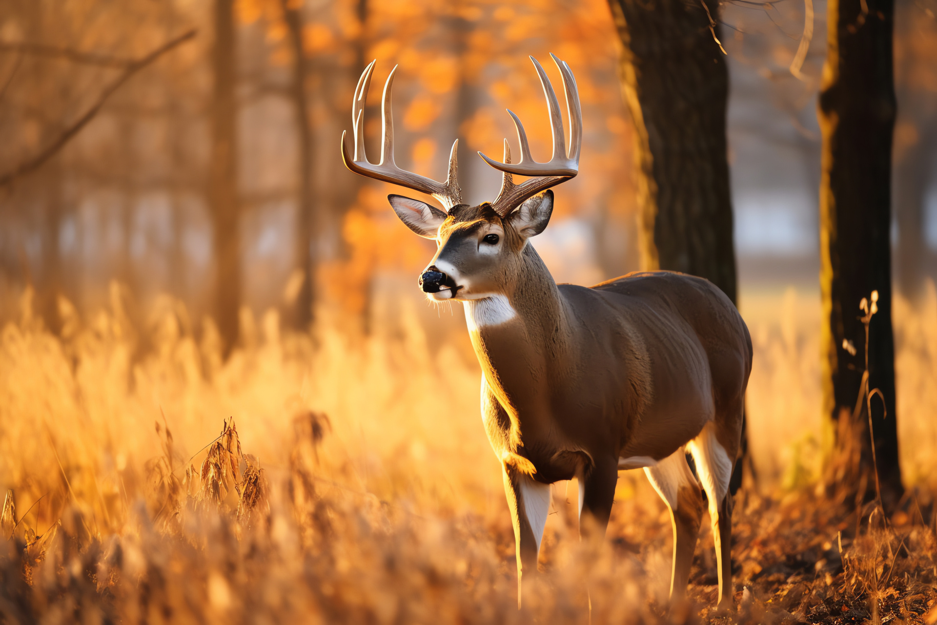 Whitetail Deer obscurity, Dark-coated buck, Silver-gray ocular detail, Autumnal tones, Discreet forest dweller, HD Desktop Image