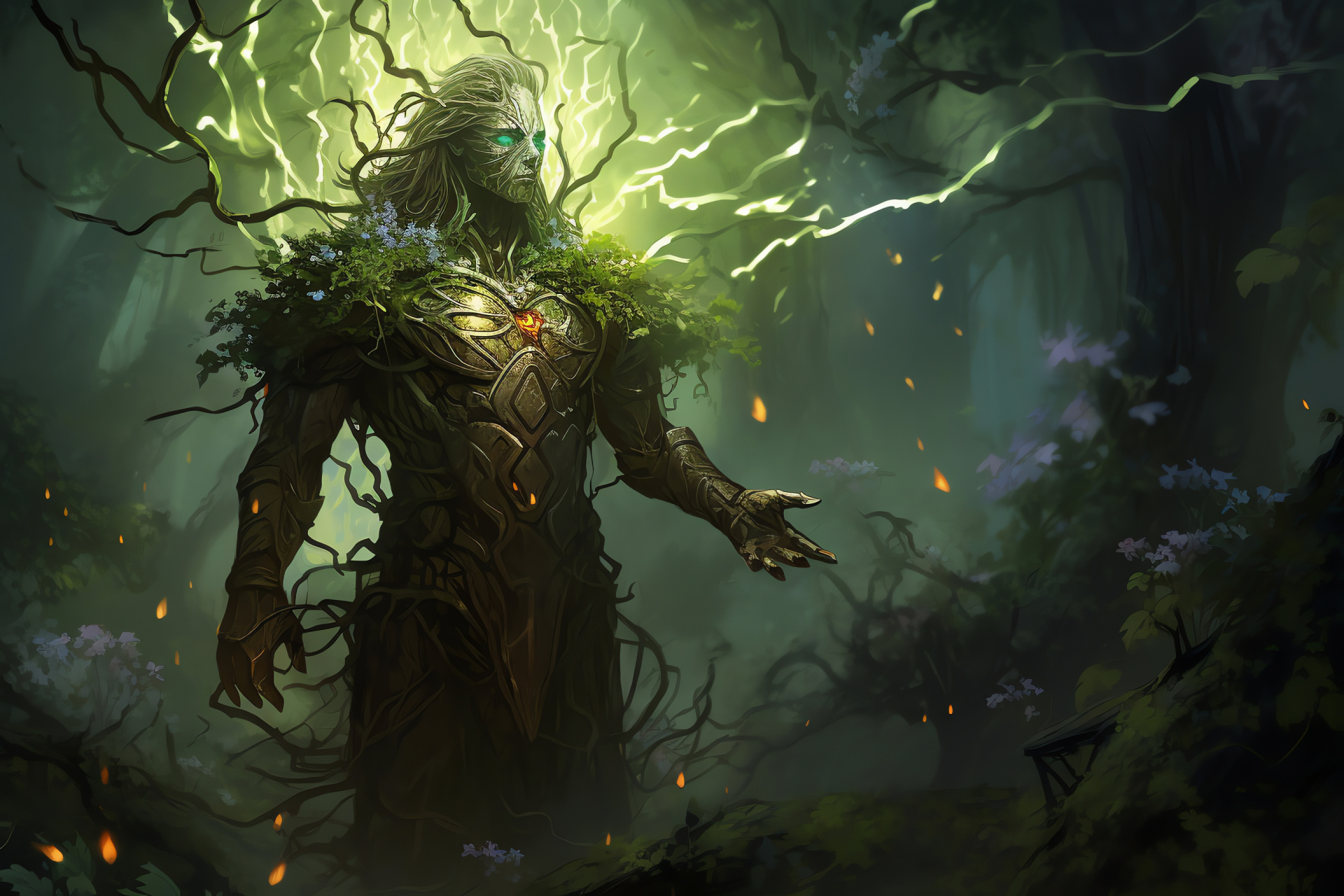 Path of Exile environment, The Sacred Grove setting, Druid class domain, green robes attire, mystical ambience, HD Desktop Wallpaper