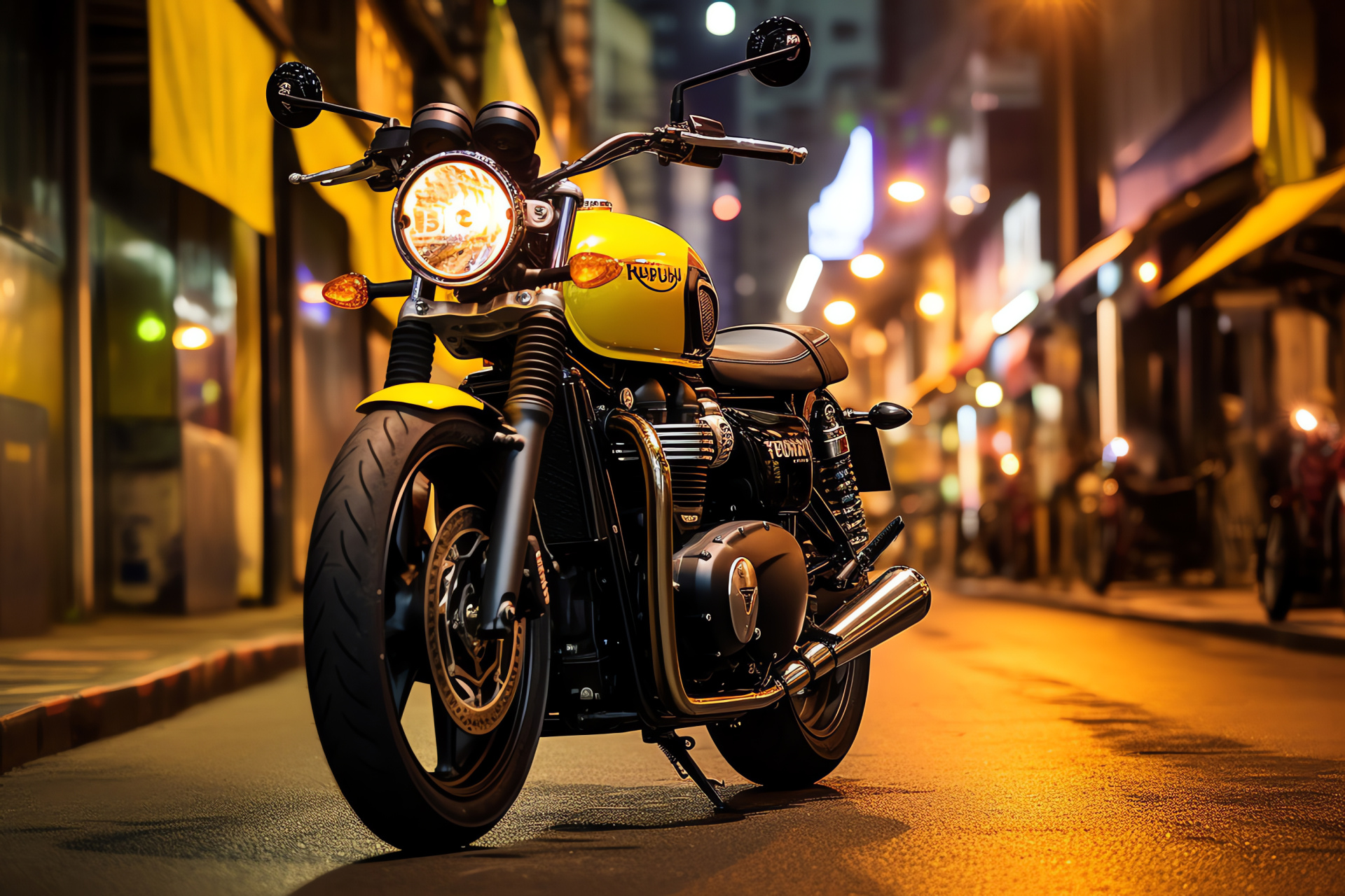 Triumph Bonneville Street Twin, Bangkok nightlife, Yellow fuel tank contrast, Neon city glow, Urban streets, HD Desktop Image