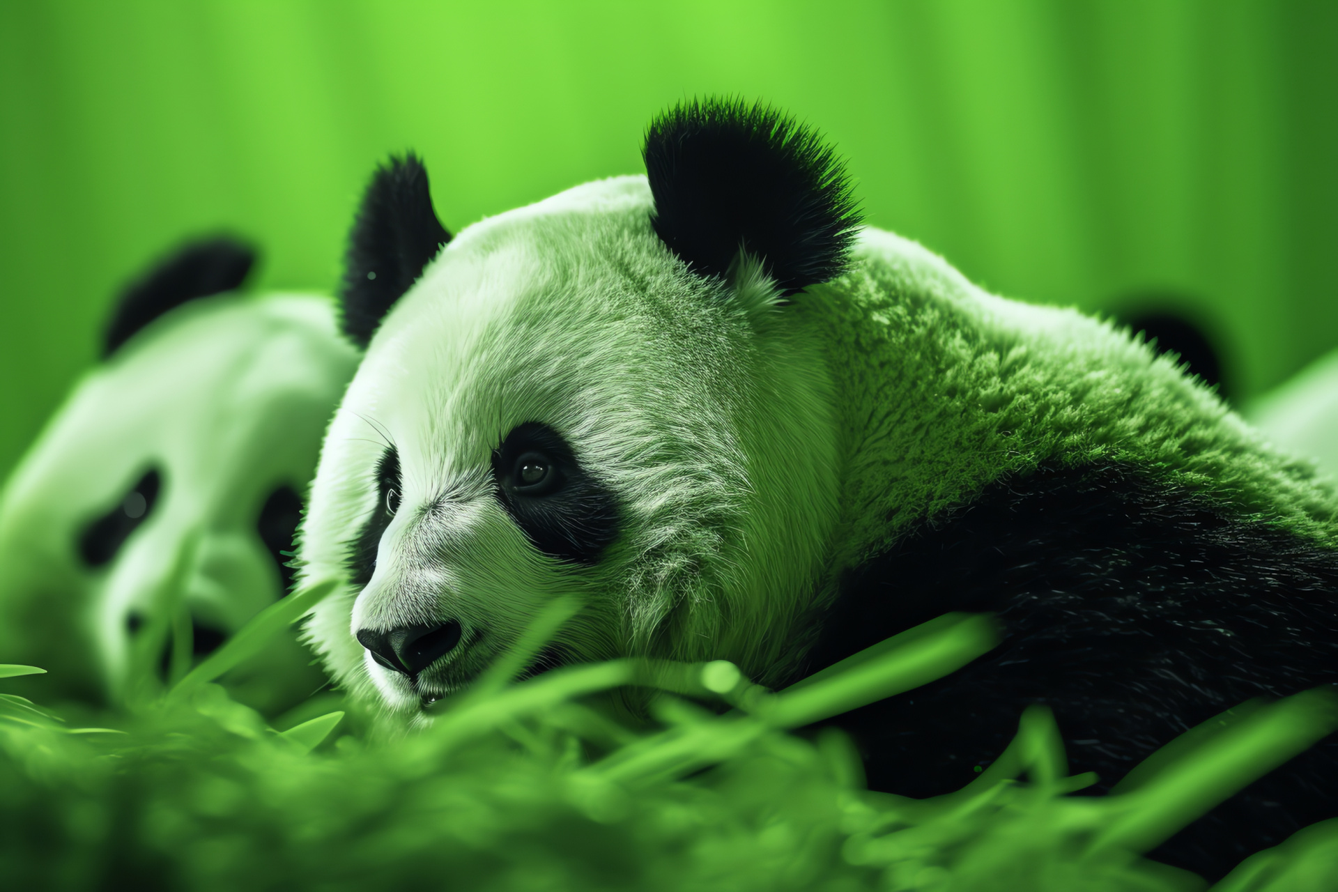 Panda tranquil gaze, Fur panda contrast, Creature close, Backdrop emerald, Nature calm, HD Desktop Wallpaper