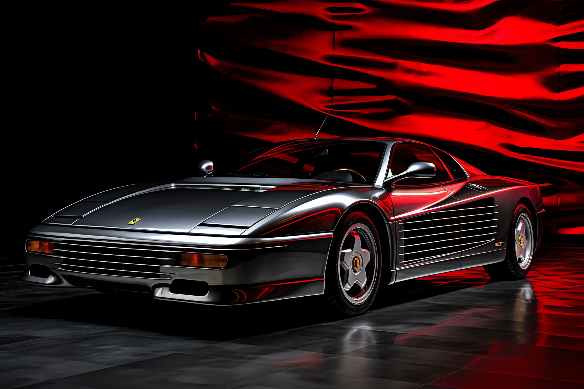 Testarossa triple-color blend, Silver accents, 1998 automobile year, Iconic car shape, Black and red color mix, HD Desktop Wallpaper