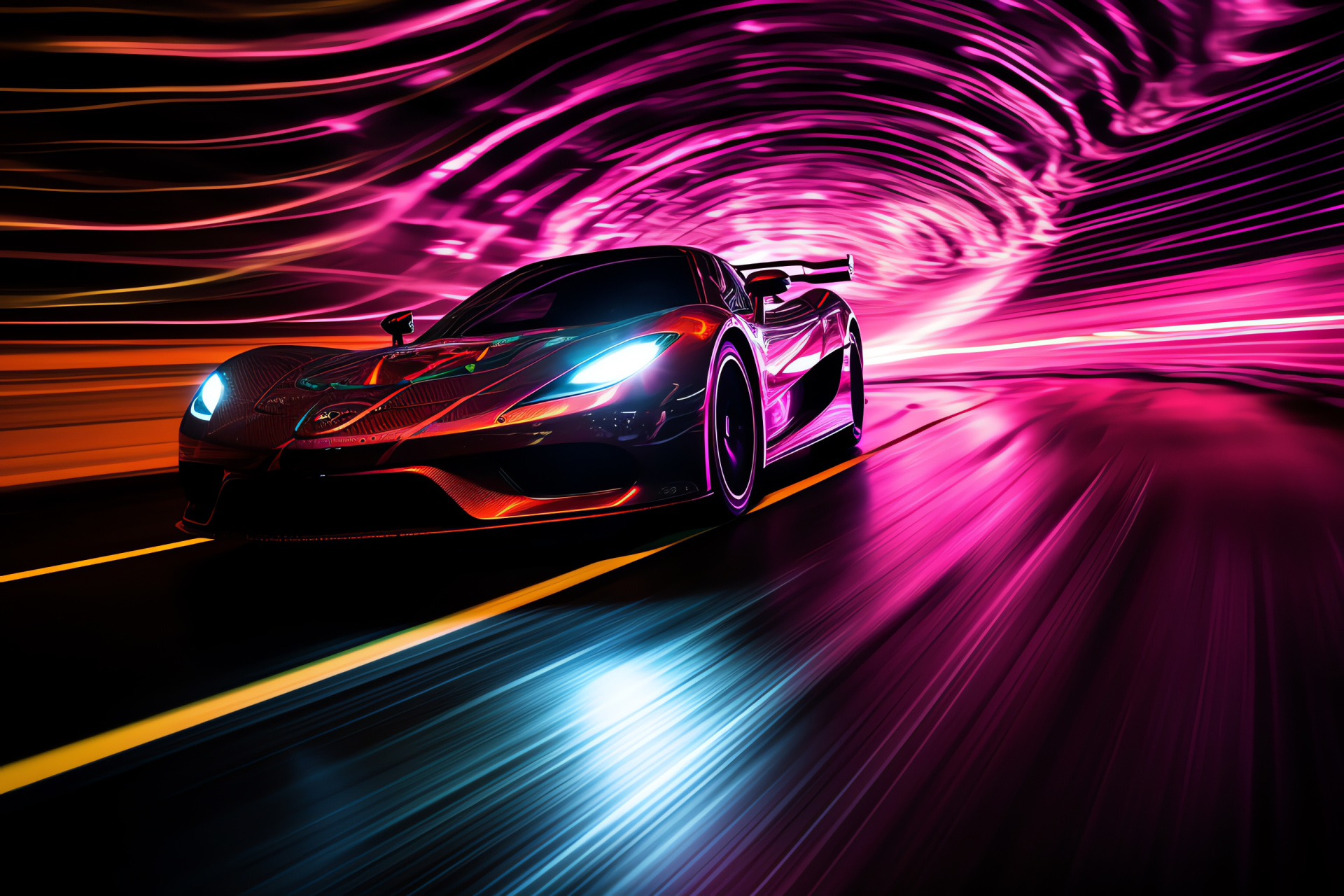 Neon Car, Los Angeles circuit, covert race place, sleek car shape, auto speed, HD Desktop Image