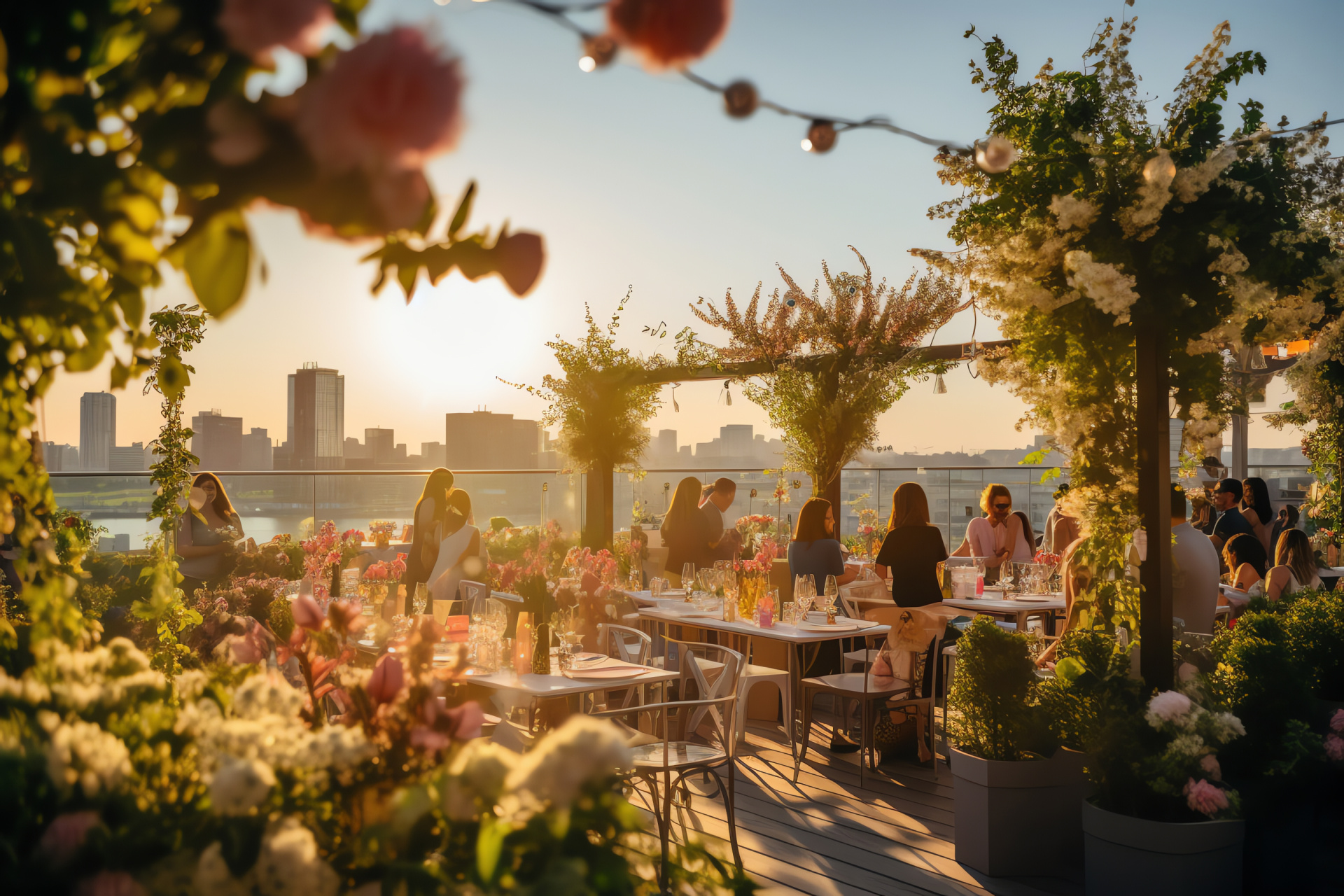 Celebratory Birthday setting, Urban rooftop gathering, Botanical decorations, Flora and fauna, Refreshing beverages, HD Desktop Image