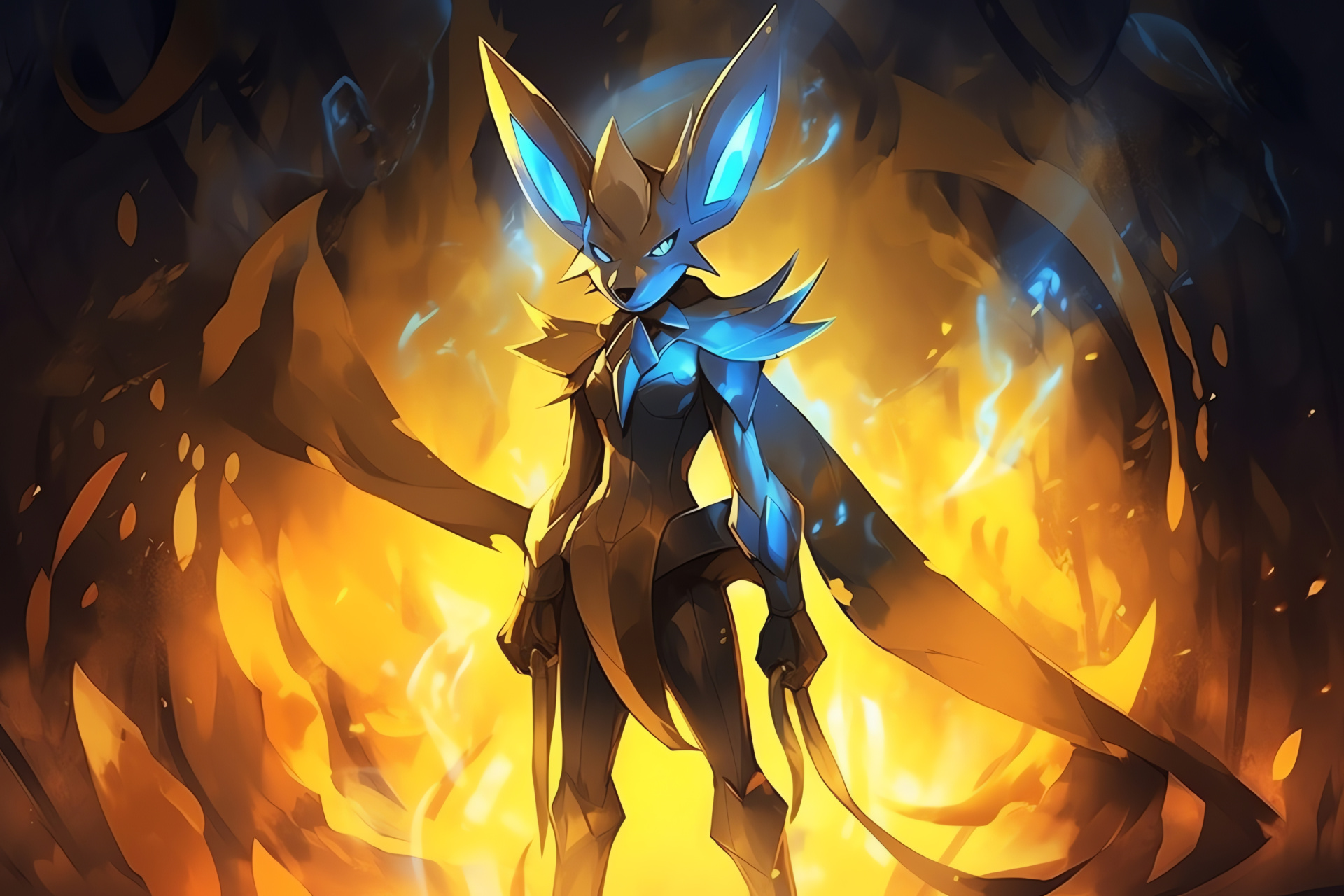 Lucario form, Metallic warrior, Visionary eyes, Alloy fighter, Specular staff, HD Desktop Wallpaper