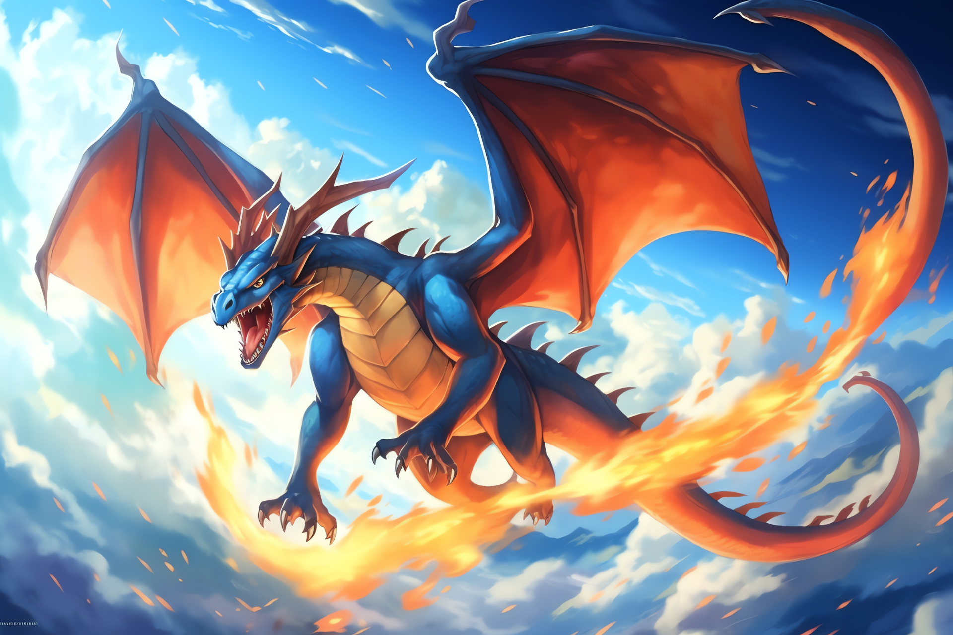 Mega Charizard graphic, Aerial supremacy, Flight illustration, Dragon wingspan, Cobalt flame design, HD Desktop Image