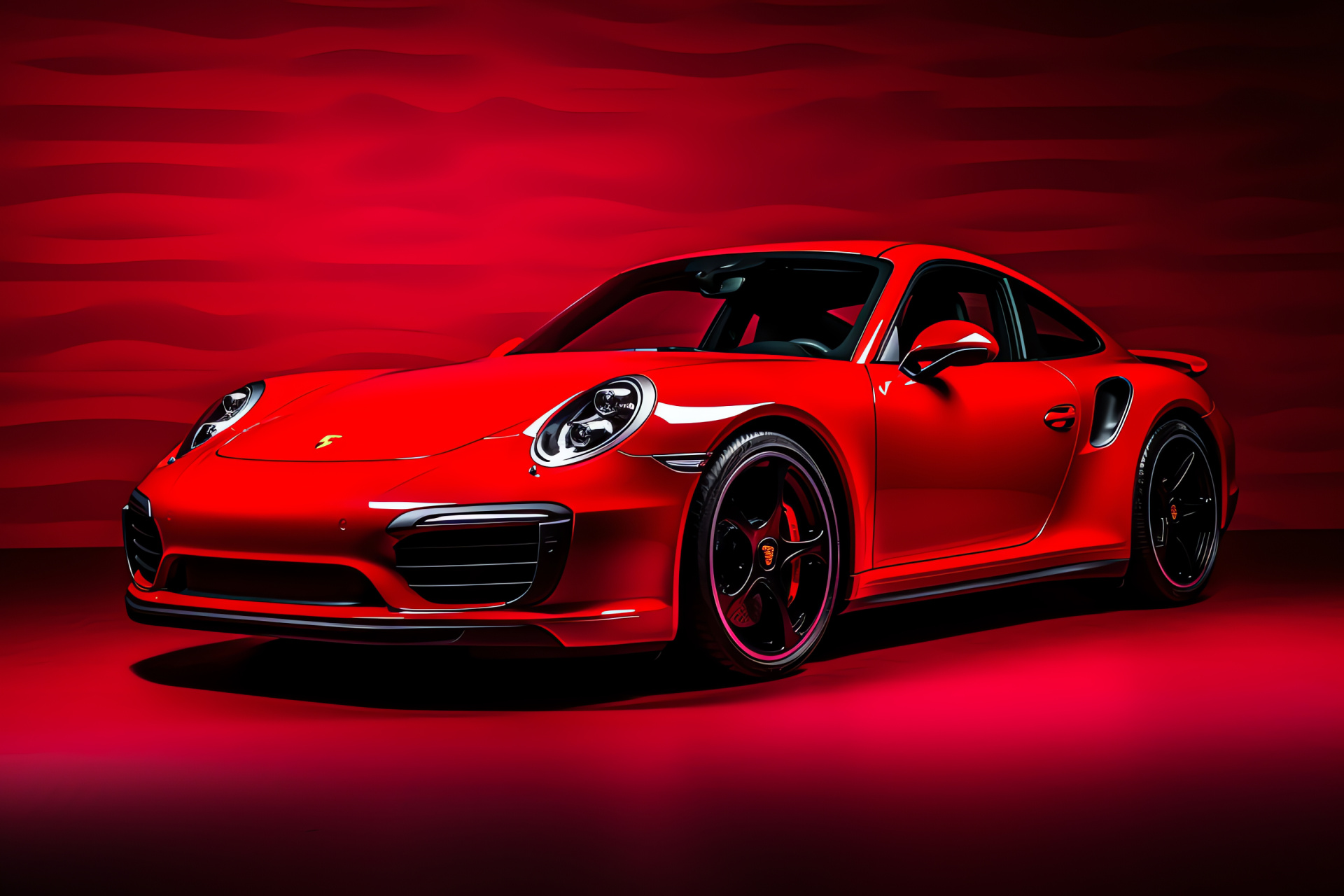 Porsche 911 Turbo, Sporty red finish, High-angle depiction, Supercar aesthetics, Turbocharged power, HD Desktop Wallpaper