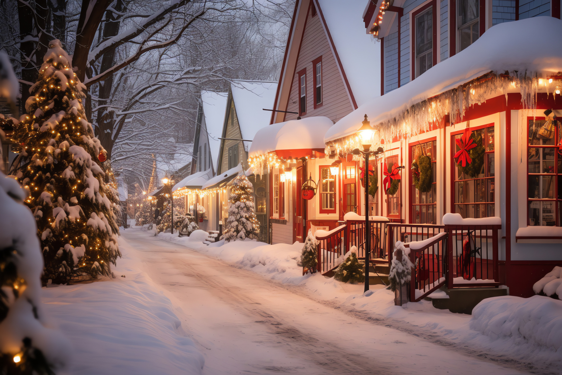 Christmas hamlet scenery, Snow-clad community, Mountainous backdrop, Kin festive gatherings, Traditional December festivity, HD Desktop Image