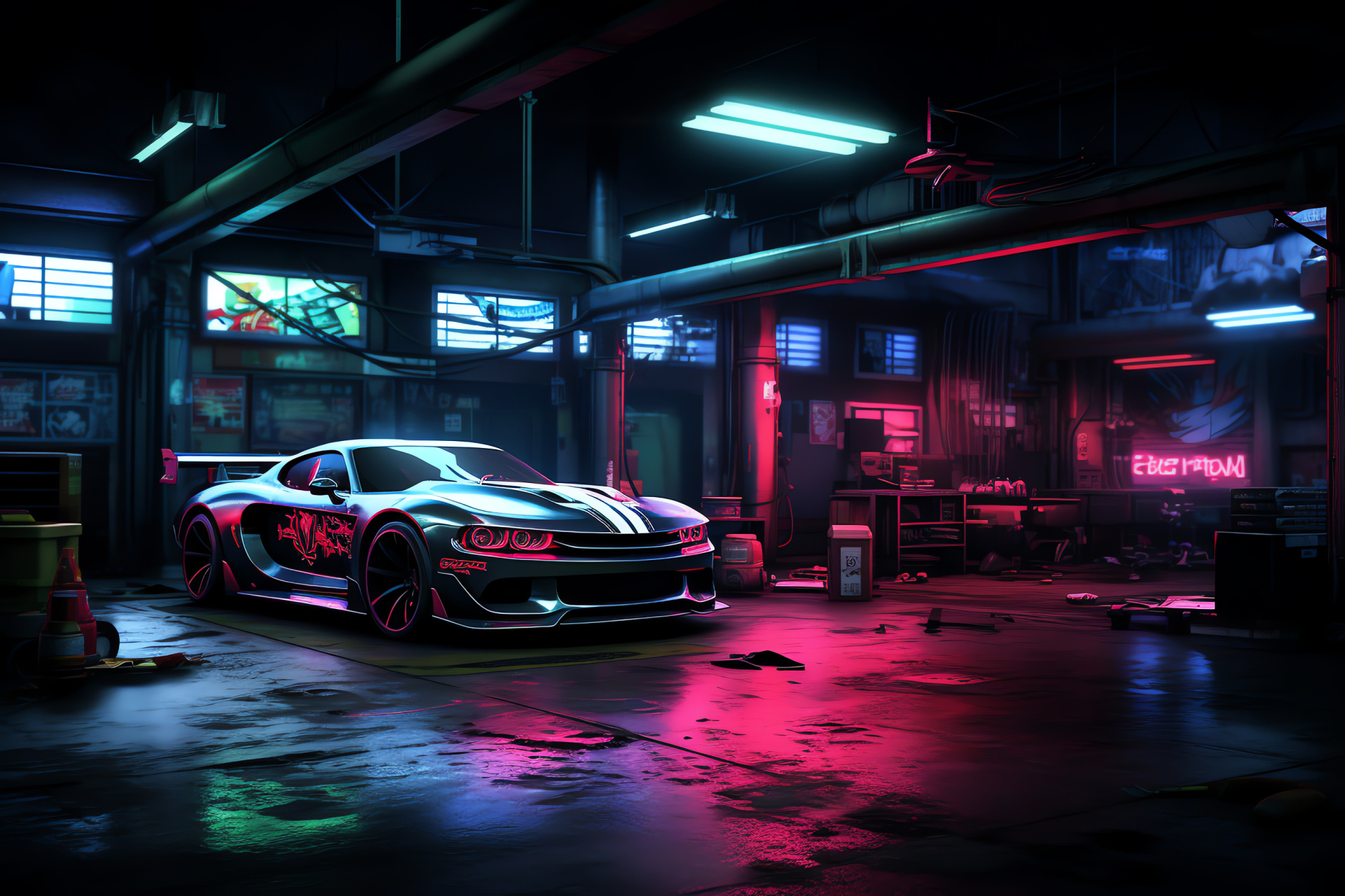 NFS Most Wanted hideout, Gamer's customized space, Neon ambience, Profound obscurity, Commitment to racing, HD Desktop Image