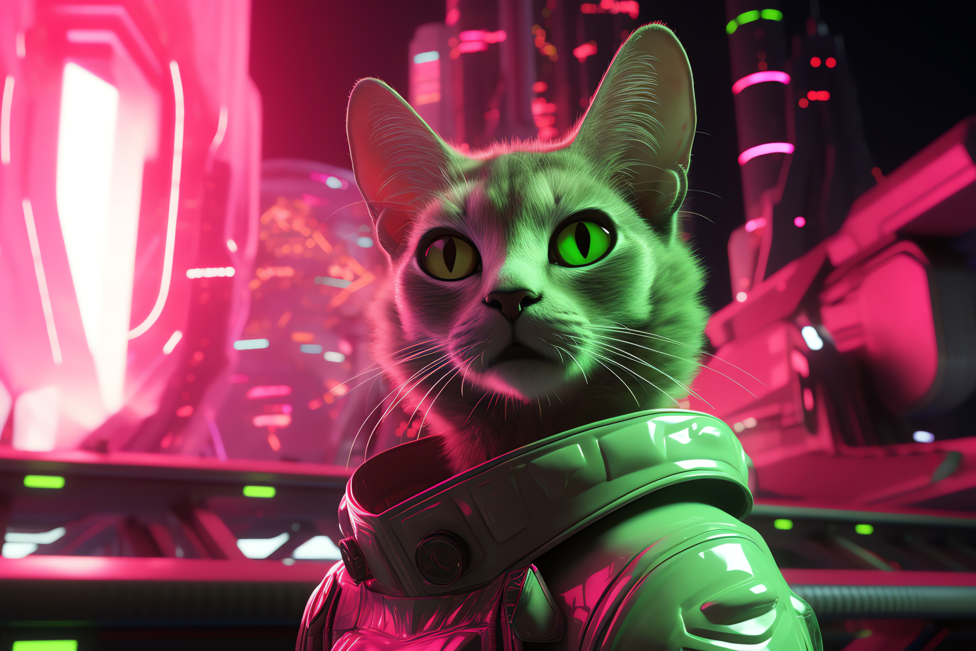 Space Cat creature, Galactic urban feline, Cityscape cosmic cat, Sci-fi space feline, Neon-green stellar whiskers, HD Desktop Wallpaper