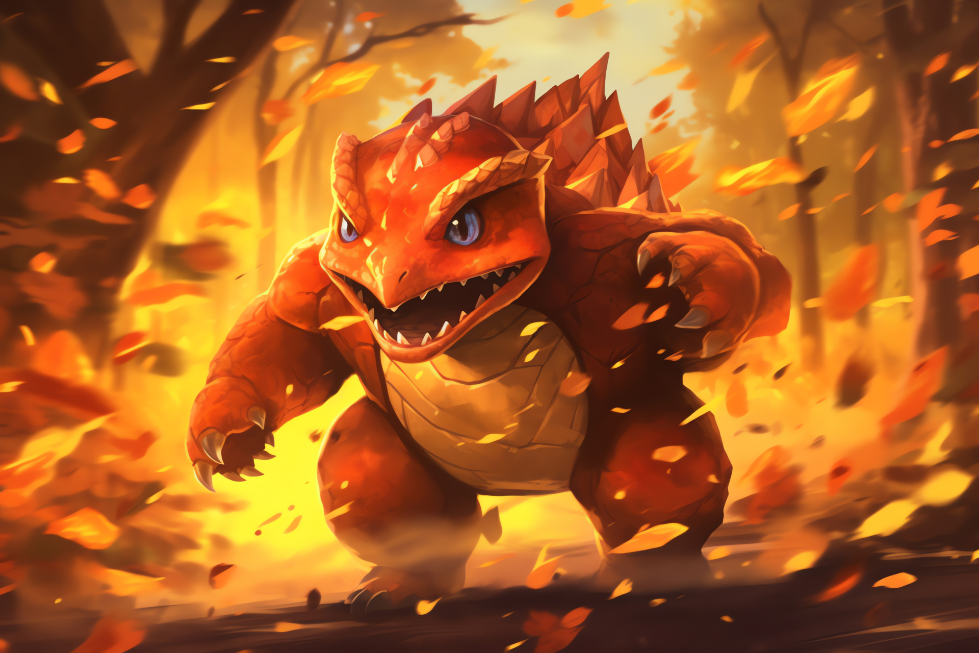 Charmeleon, Wild woodland location, Burning tail visual, Charred landscape elements, Intense inferno move, HD Desktop Wallpaper