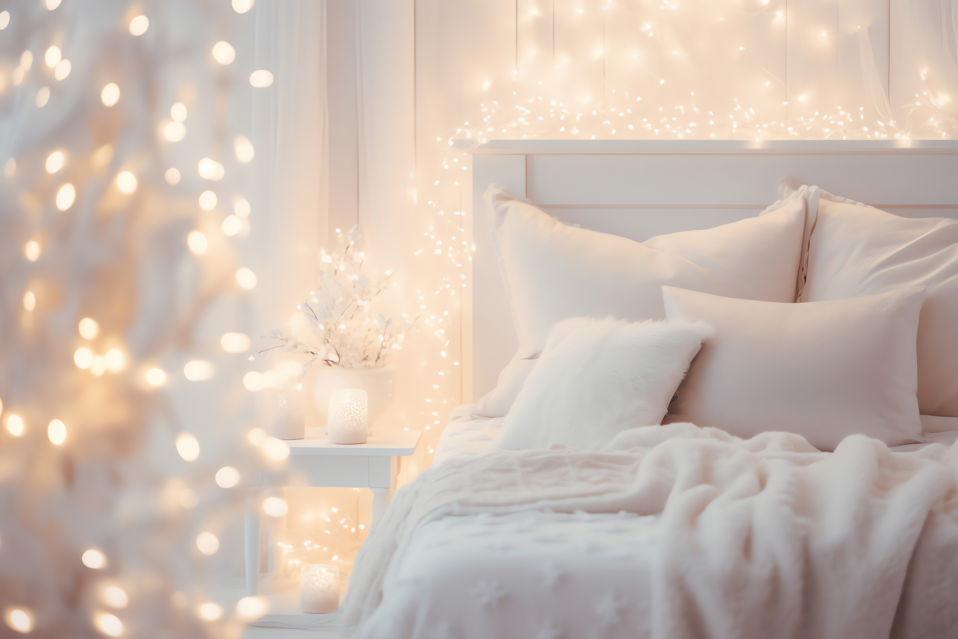 Intimate sleeping chamber, white Christmas lights around bedstead, dreamlike ambience, amorous holiday setting, HD Desktop Image