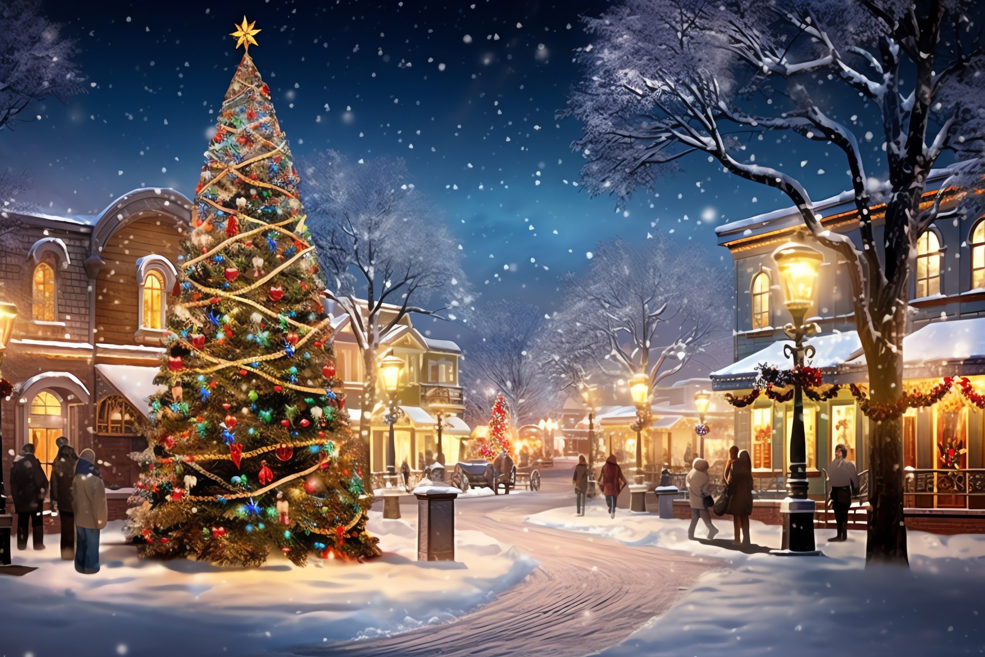 Holiday decor, Urban winter scene, Evergreen centerpiece, Festooned public space, Decorative illumination, HD Desktop Image