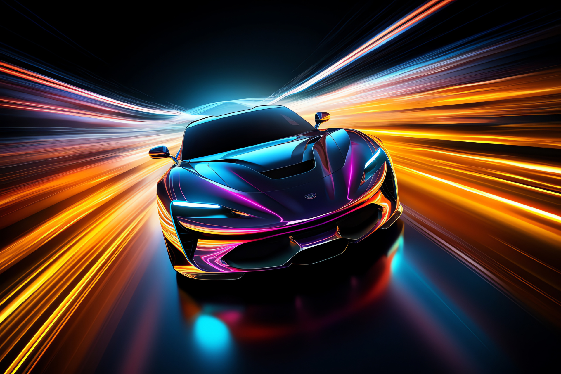 Neon Car glow, Luminous backdrop essence, High viewpoint, Visual color splash, Neon aesthetic, HD Desktop Wallpaper