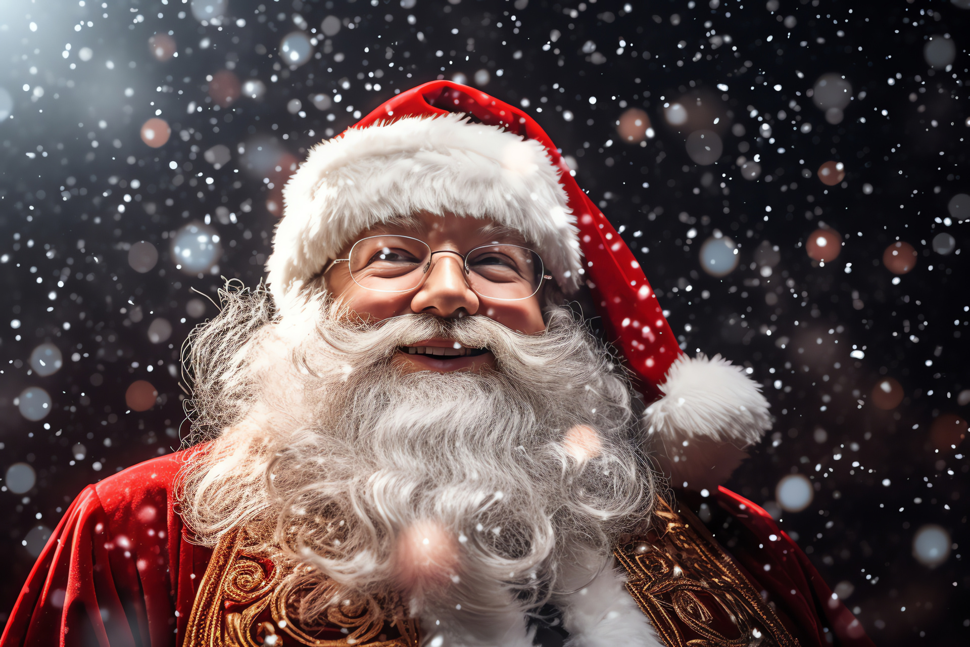 Nocturnal sleigh navigator, Cosmos journey, Gleaming celestial bodies, Father Christmas attire, Grandfatherly mane, HD Desktop Wallpaper