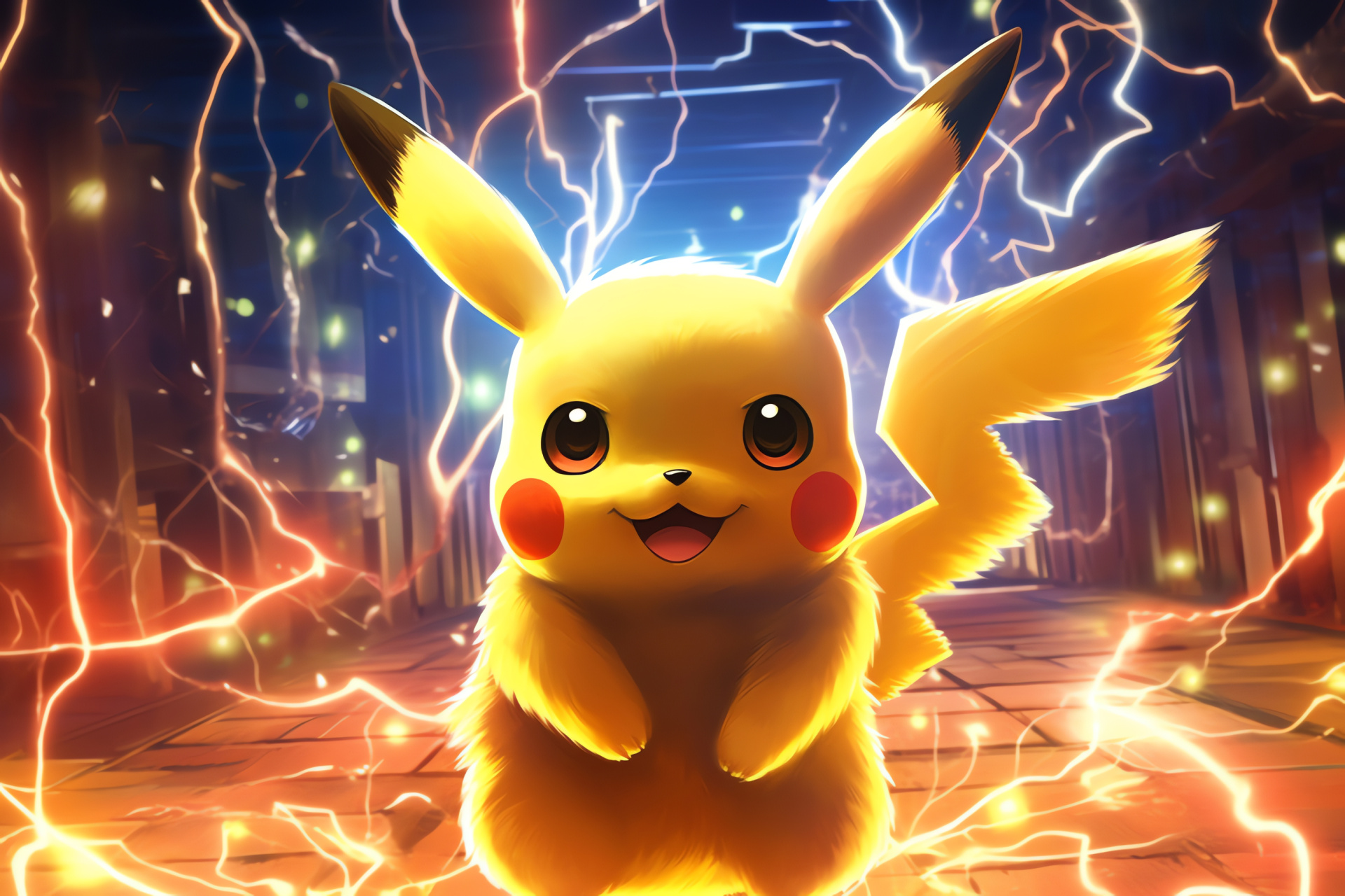 Japanese anime gaming, Iconic Pikachu figure, Pokemon franchise mascot, Glossy fur texture representation, Expression of courage, HD Desktop Wallpaper