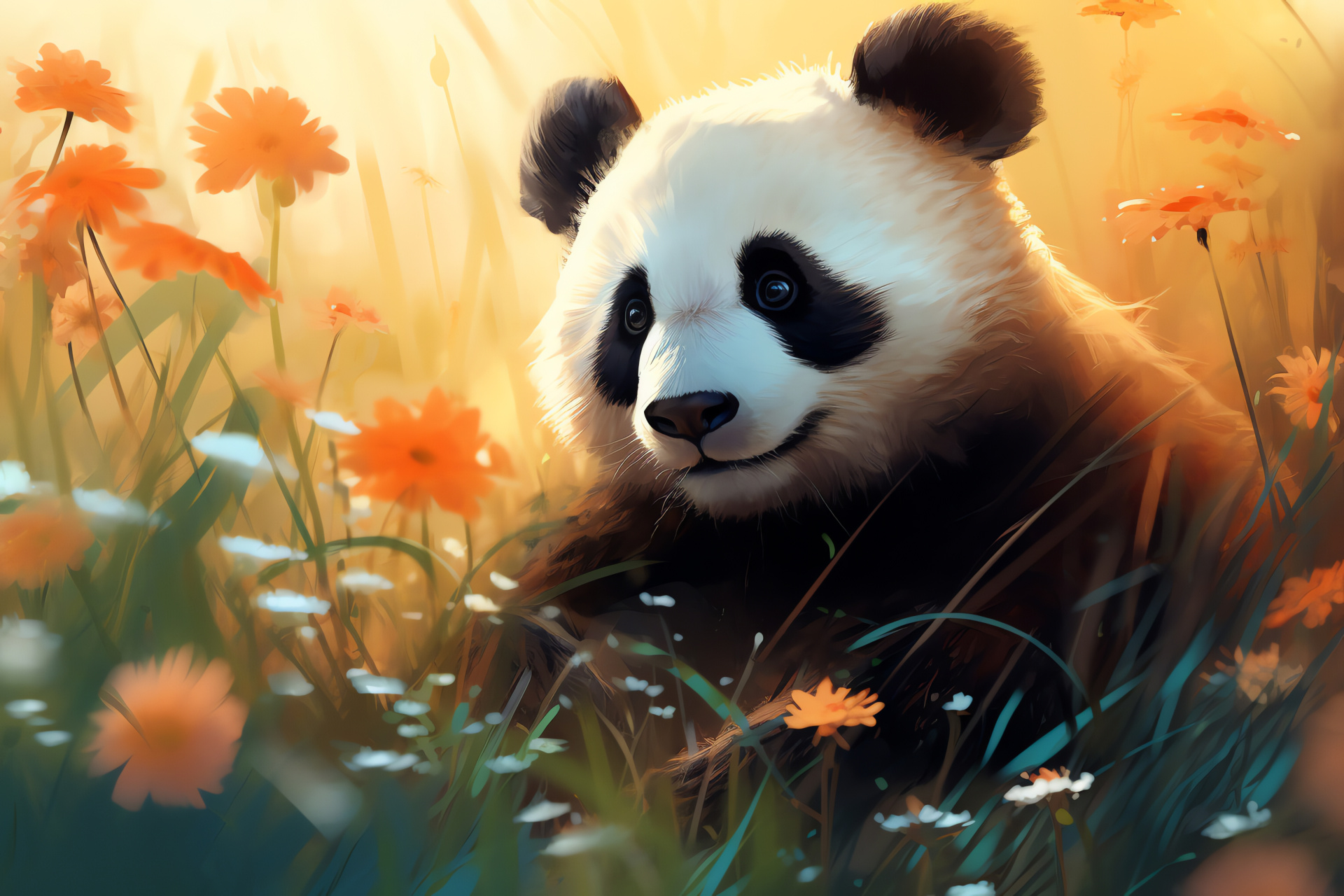 Giant panda grazing, Sichuan wildlife, Peaceful herbivore, Floral environment, Rare species, HD Desktop Wallpaper