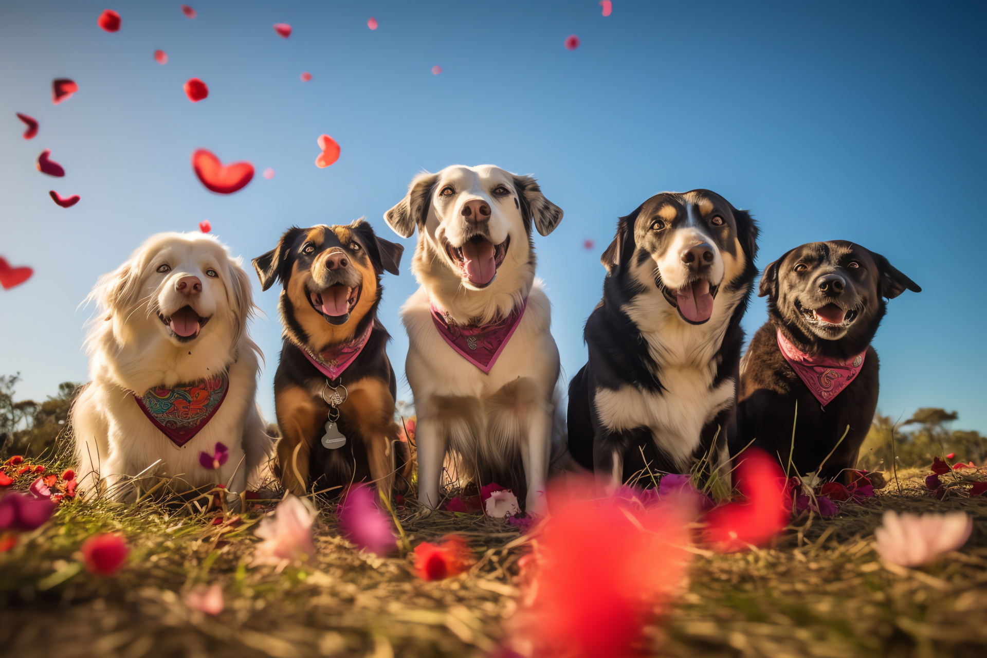 Canine companions celebrating, Valentine's garnish, various dog breeds, grassy field, spring blossoms, HD Desktop Wallpaper