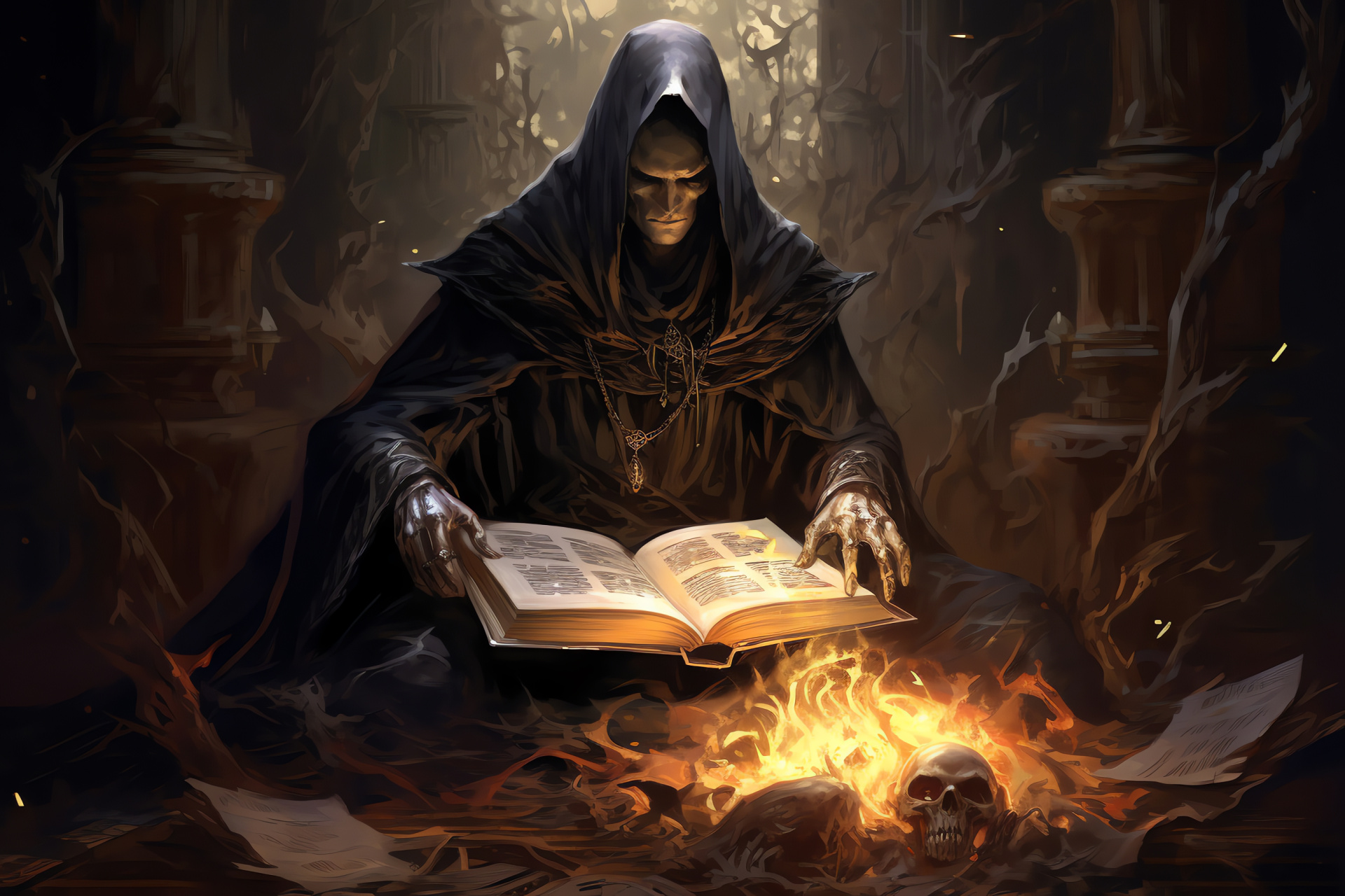 Necromancer secret room, Oppressive necropolis ambiance, Massive tome illustration, Forbidden lore depiction, Dark magic knowledge, HD Desktop Image