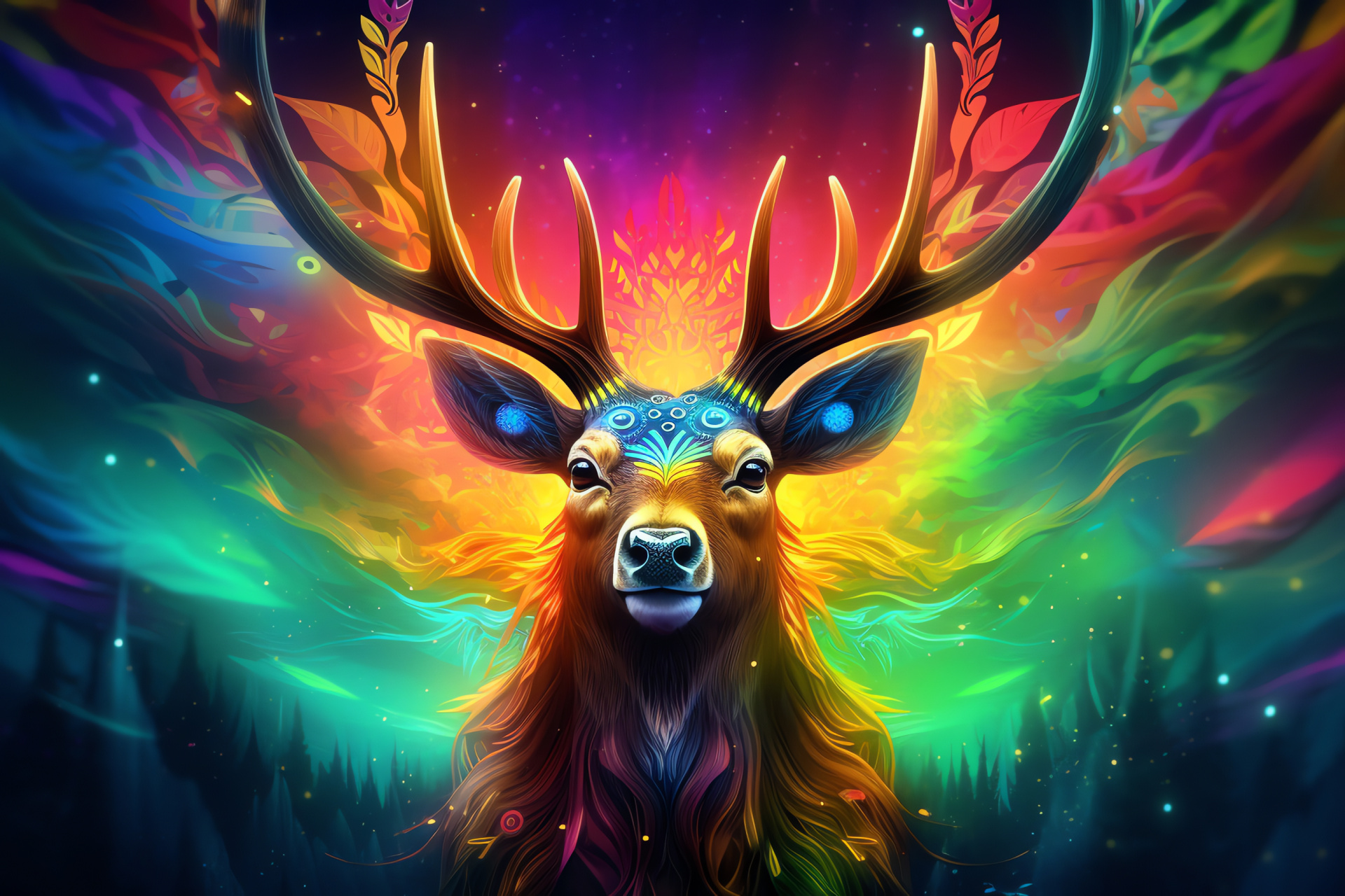 Fantasy reindeer concept, Spectrum-hued coat, Mythical antlers, Luminous creature, Whimsical nature, HD Desktop Image