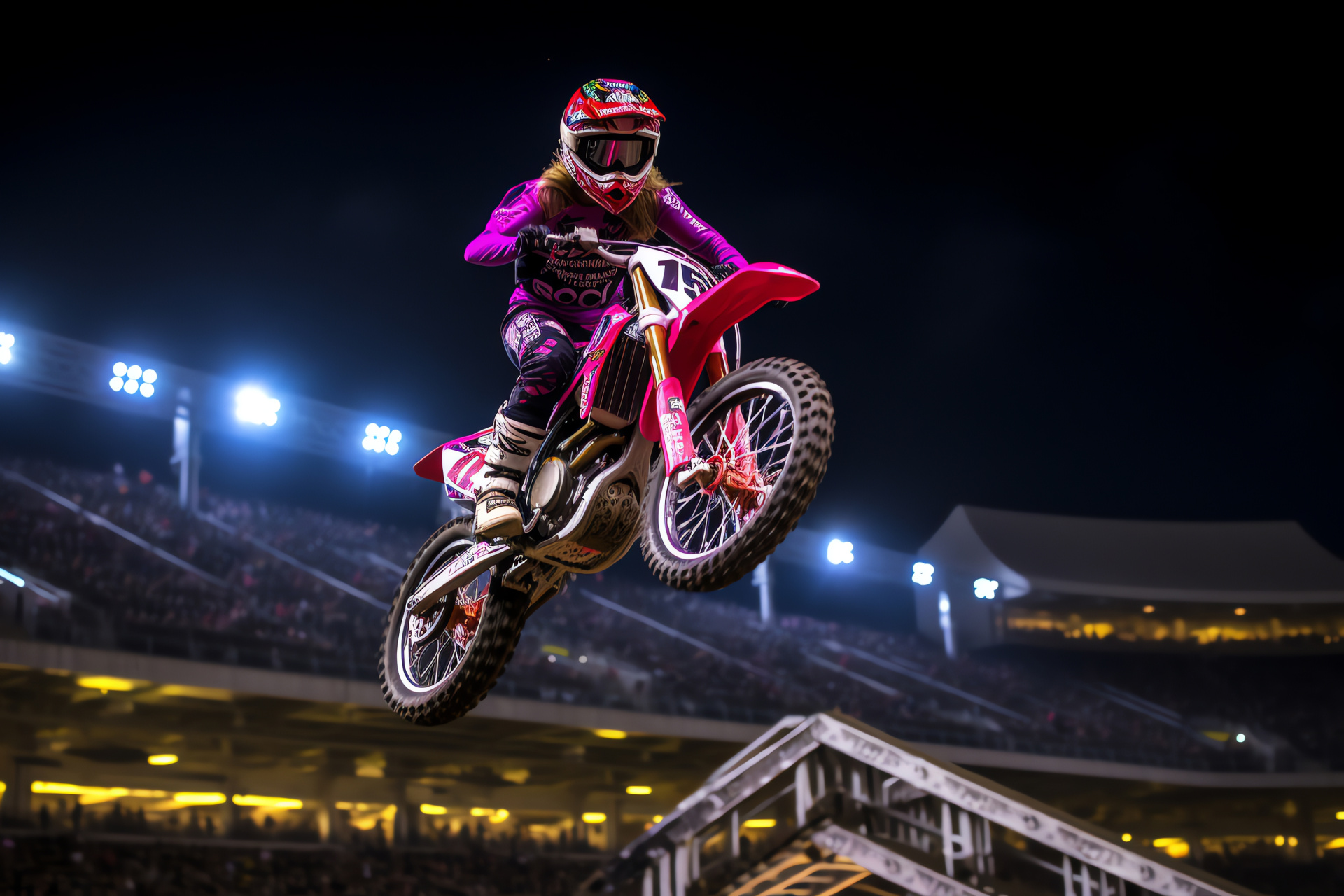 Anaheim Supercross competition, Daring stunts, Motocross professional, Nighttime sporting event, Electric atmosphere, HD Desktop Wallpaper