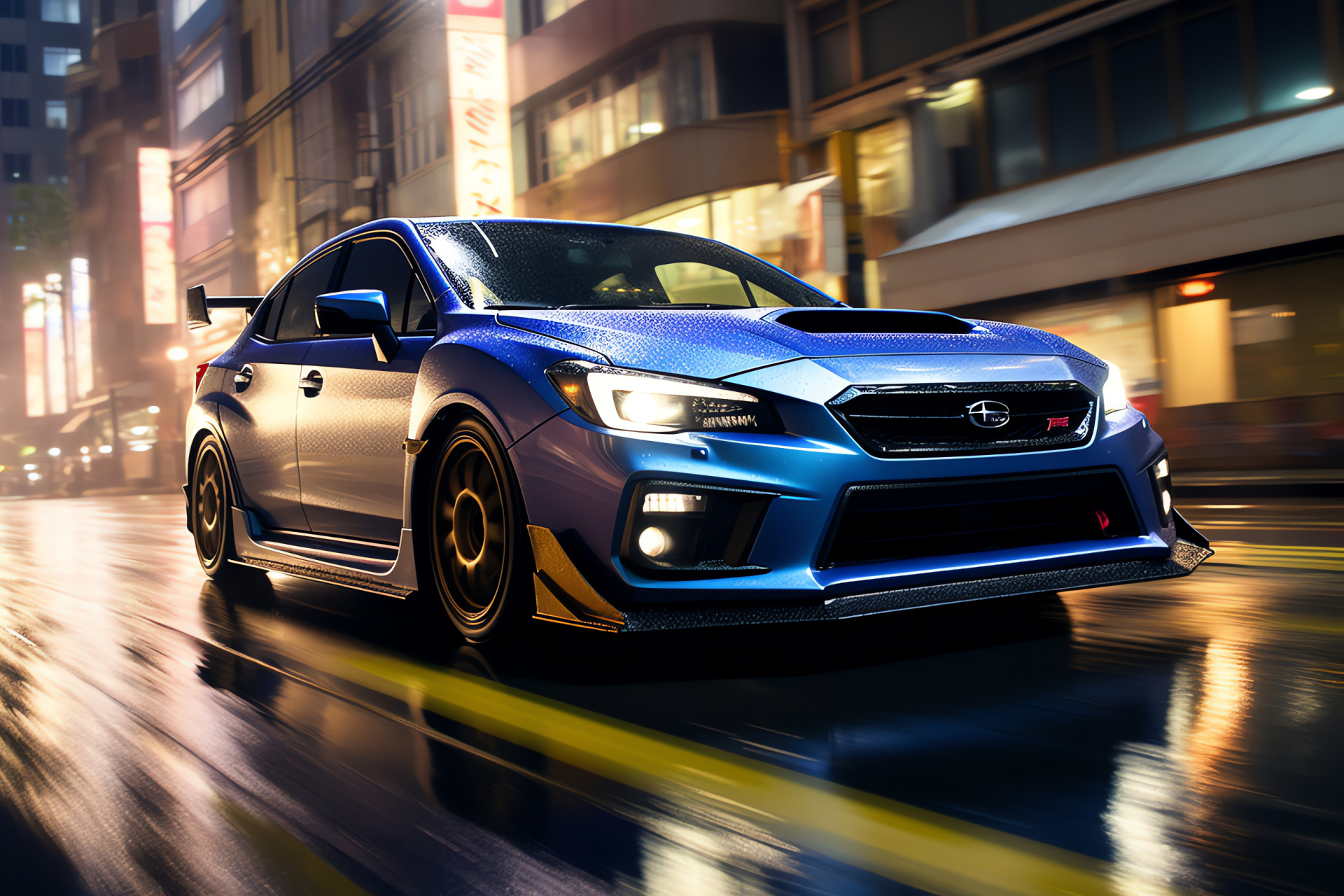 Subaru WRX STI Type RA-R, Tokyo nights, high-speed sedan, aerodynamic focus, urban motion, HD Desktop Image