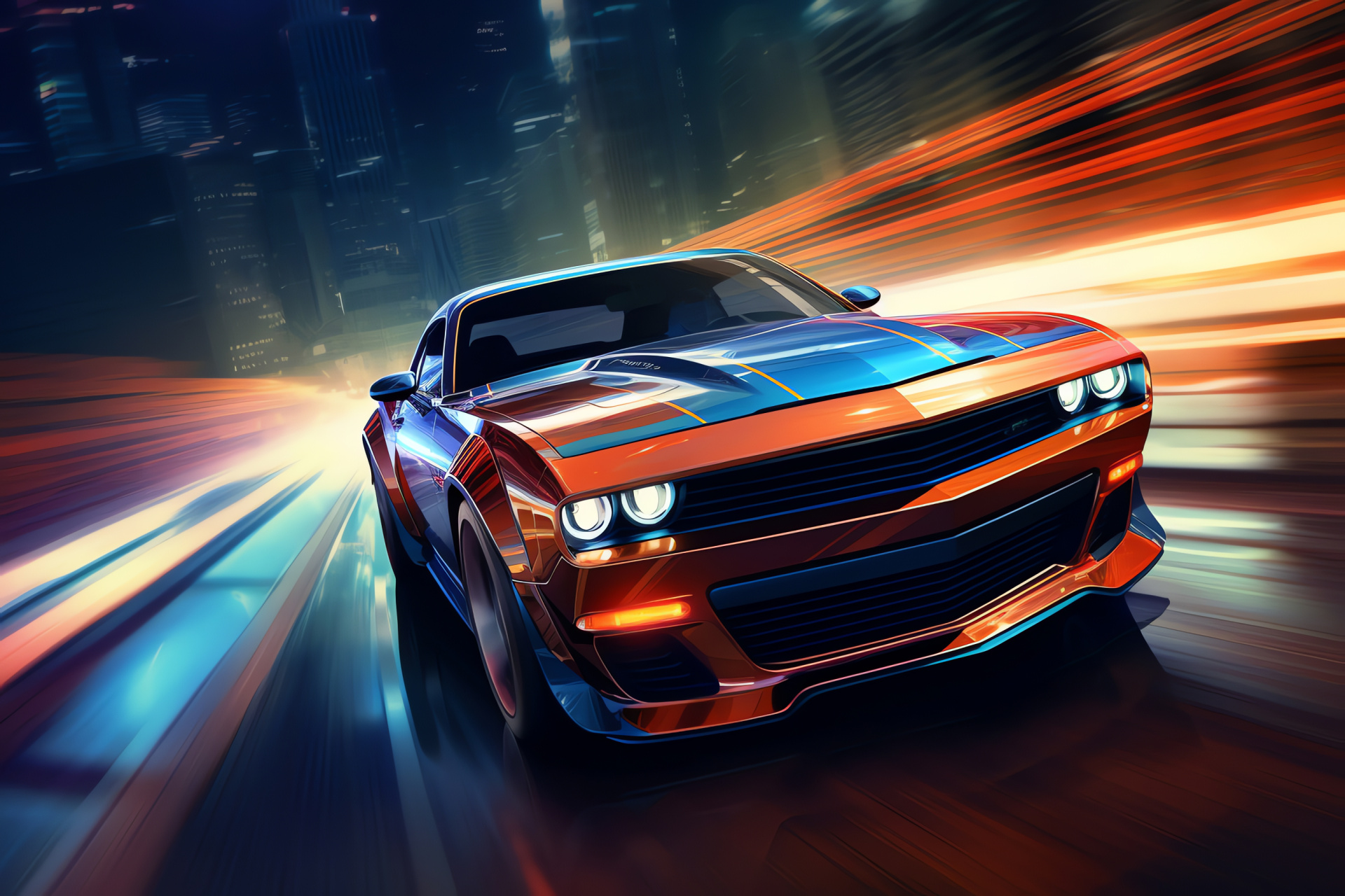 Muscle Cars HD, Aerial city perspective, Modern roadways, Urban architecture, Illuminated metropolis, HD Desktop Image