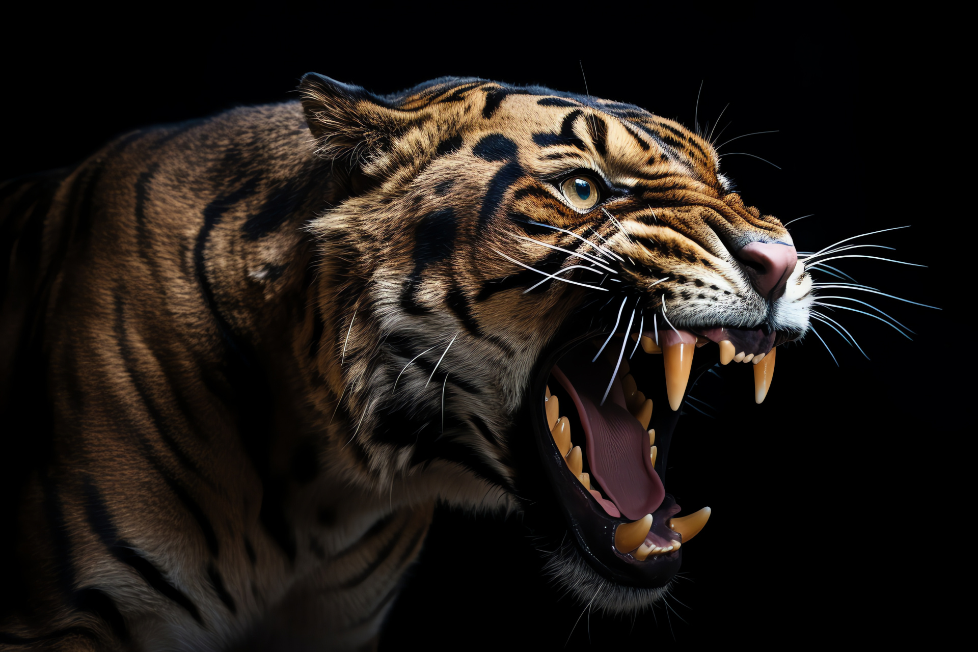 Saber Tooth Tiger statue, Paleontological exhibit grandeur, Deep-hued animal fur, Primeval environmental simulation, Historical creature allure, HD Desktop Image