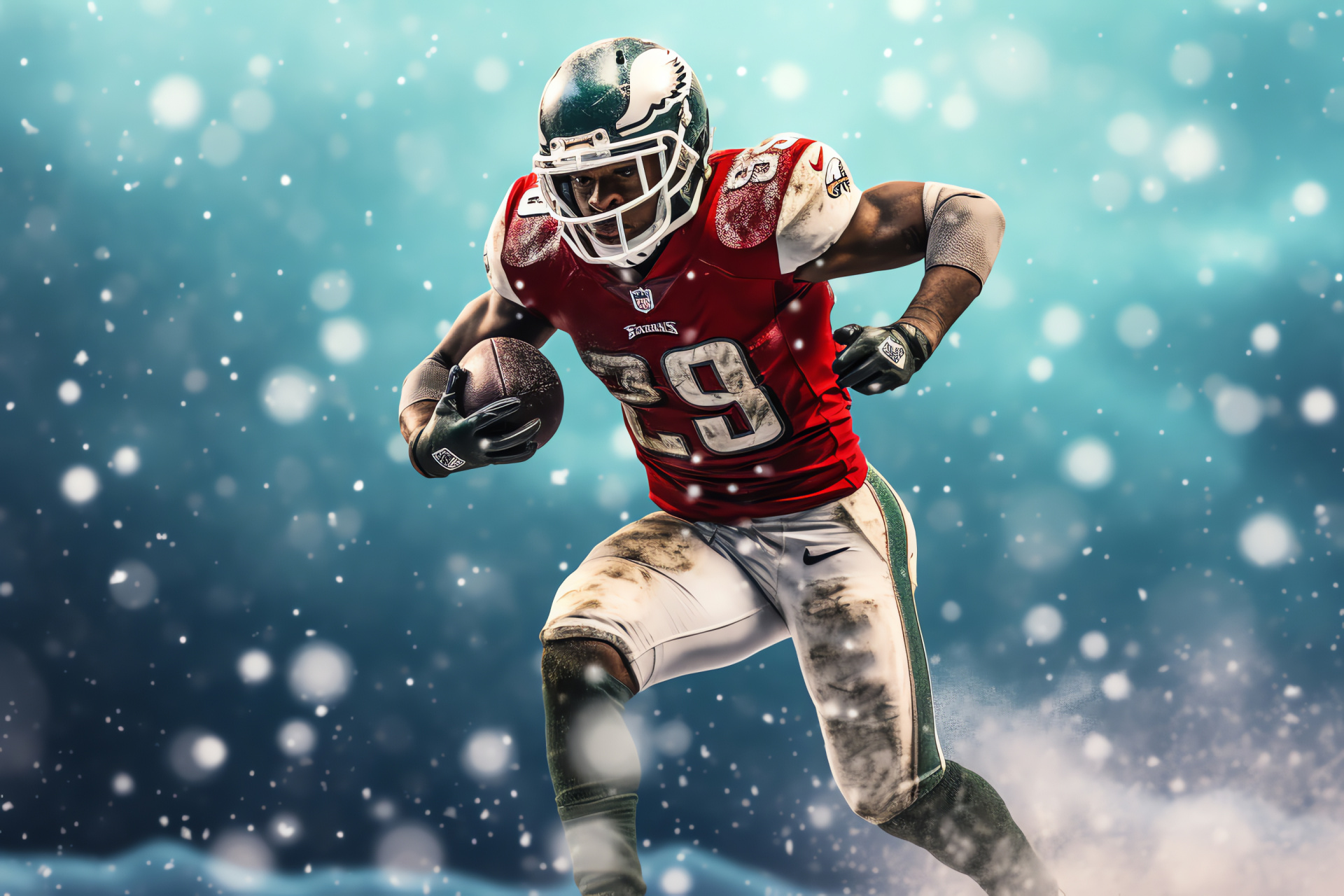 NFL Christmas scene, Sports-themed winter landscape, Snowflakes adorned with team logos, Dynamic athletic art, HD Desktop Wallpaper