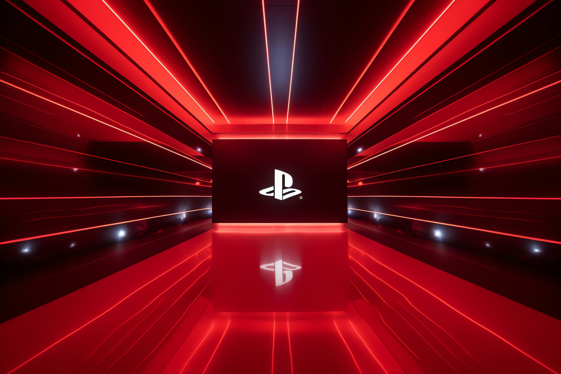 PS4 emblem, Solid red backdrop, Neon yellow design, Sapphire blue accents, Luminous abstract embellishments, HD Desktop Wallpaper