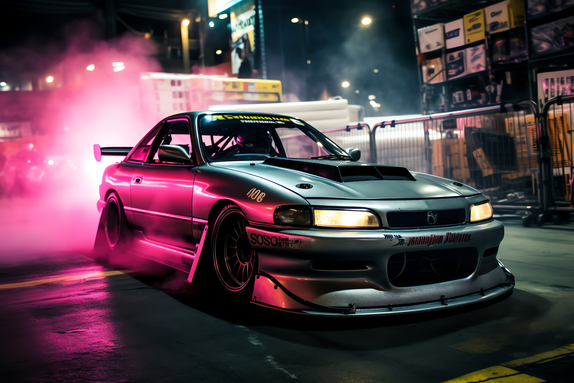 S15 Silvia Tokyo action, Drift smoke style, Neon illuminated streets, Japanese motorsports, Performance drifting, HD Desktop Wallpaper