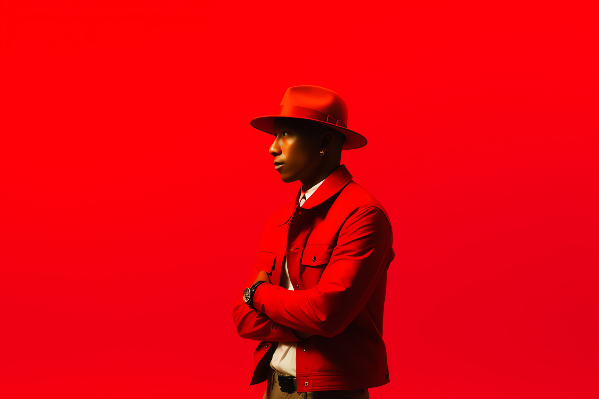 Pharrell, Music industry icon, Solid backdrop, Celebrity portrait, Emotional warmth, HD Desktop Wallpaper