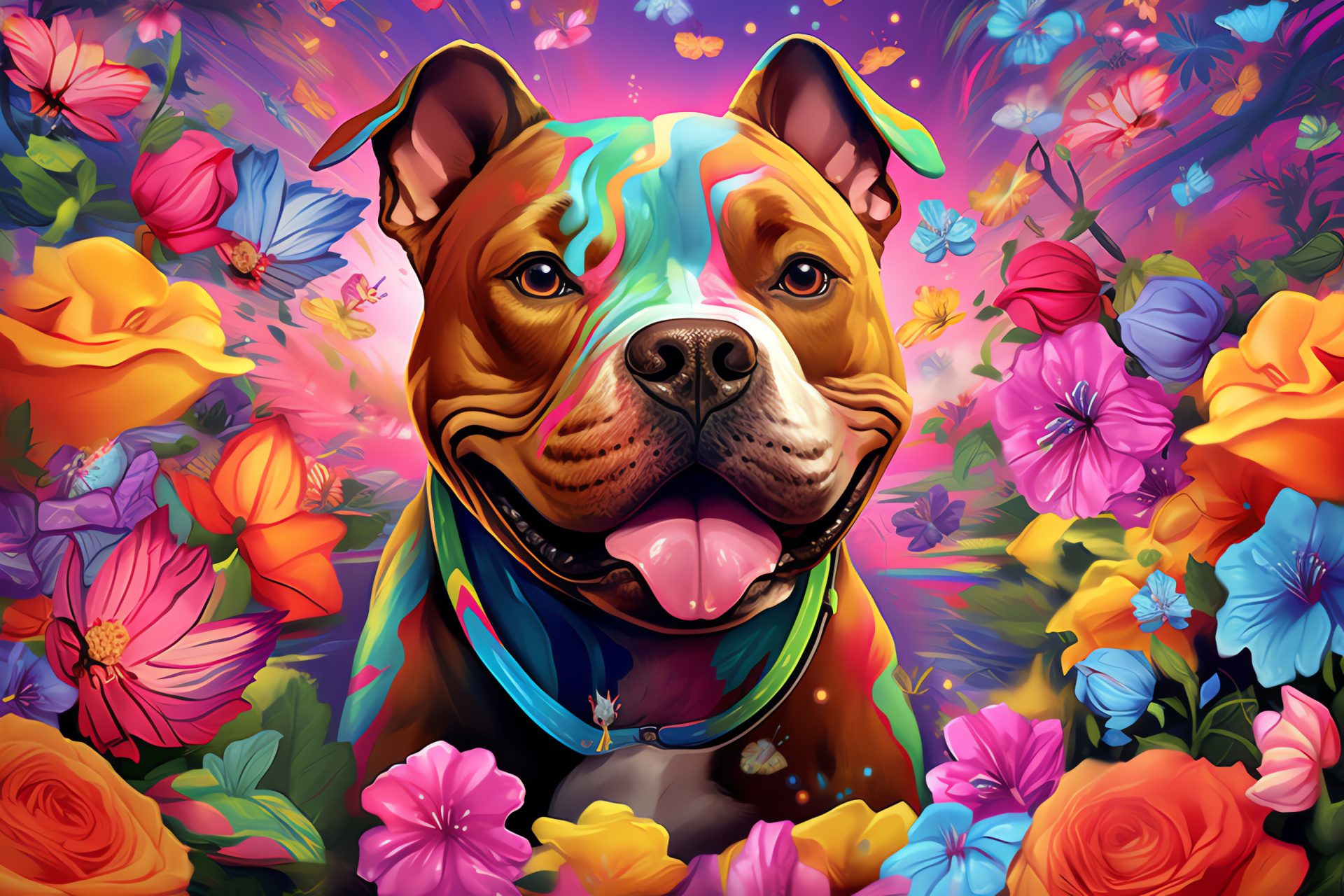 Pitbull, playful dog, vibrant-patterned coat, garden flora, pet vitality, HD Desktop Image