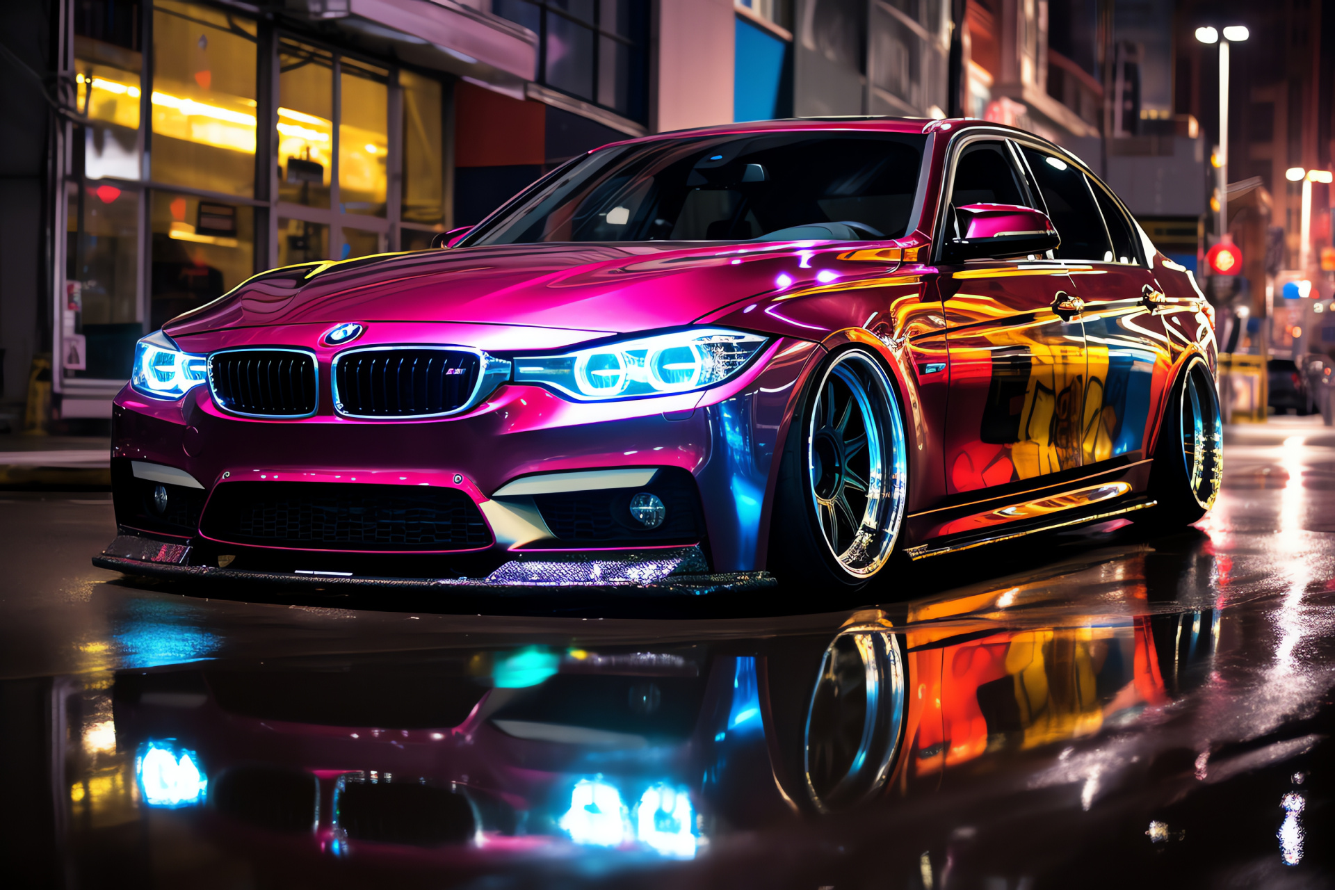 BMW 3 Series stance, Urban background, Automotive modification, Artful paintwork, Skyline reflections, HD Desktop Image