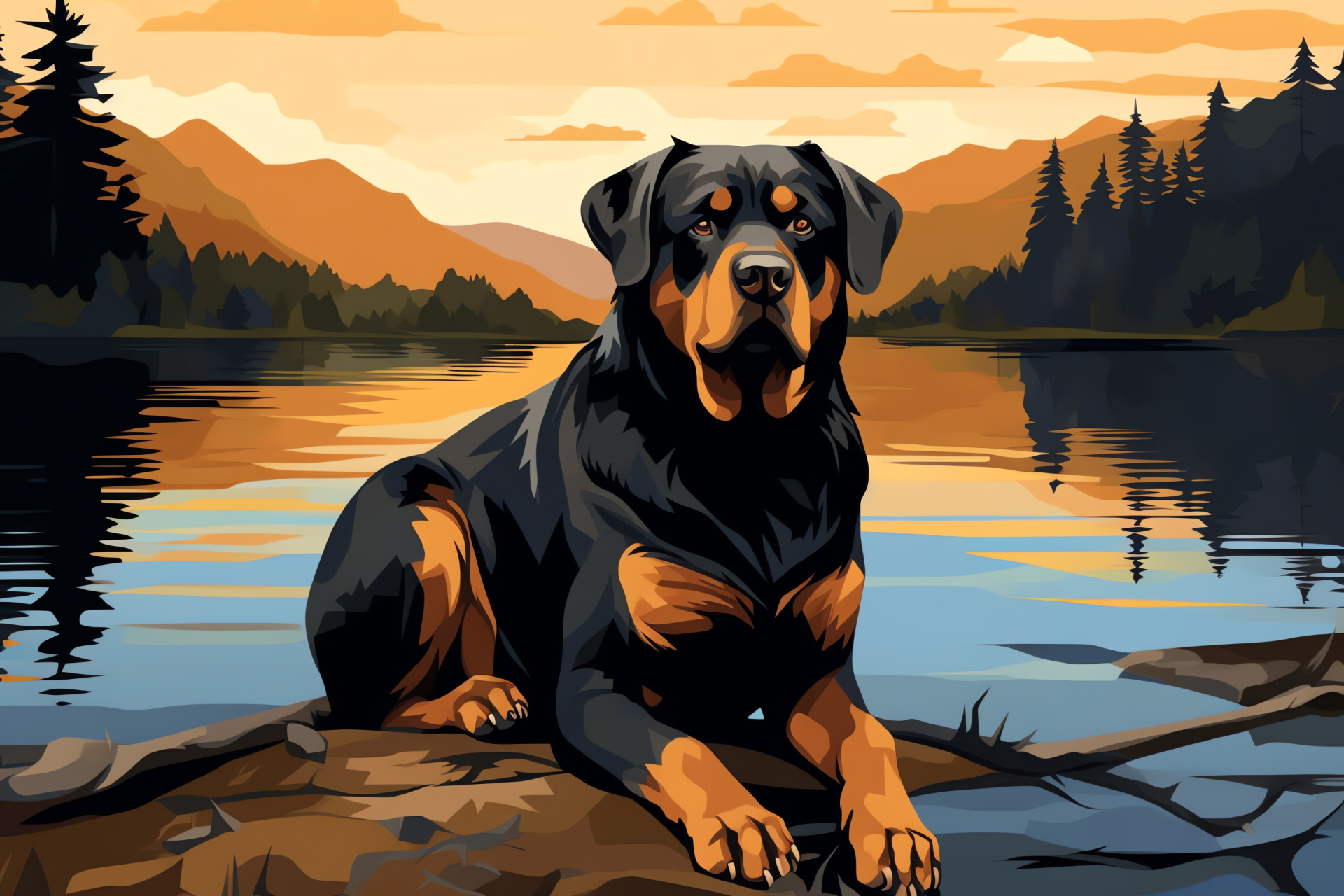 Rottweiler at rest, gentle giant, water-loving breed, lakeside companion, serene environment, HD Desktop Image