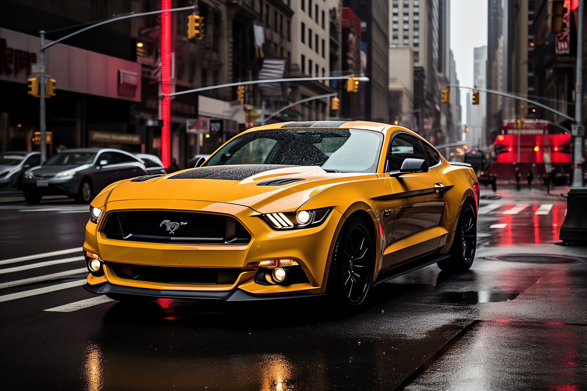 Ford Mustang HD, New York urban vibe, bustling taxi traffic, towering skyscrapers, striking red appearance, HD Desktop Wallpaper