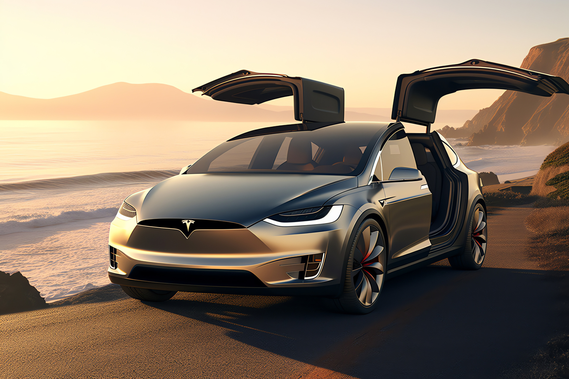 Tesla Model X, Electric luxury SUV, Panoramic scenery, Sunlight bathed highways, Automotive landscape, HD Desktop Wallpaper