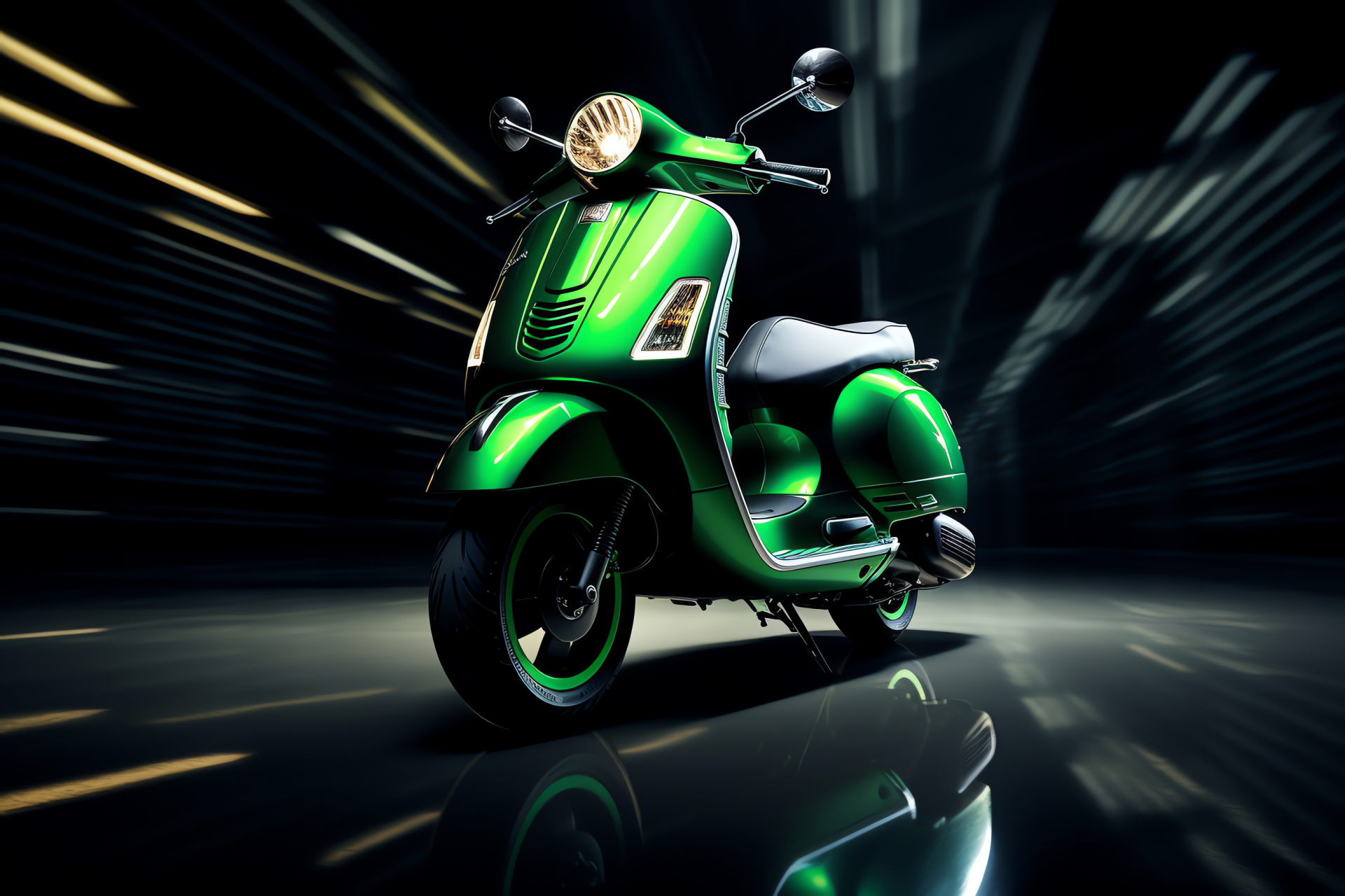 Vespa GTS 300 Style, Green scooter, Urban Italian design, Neon line visuals, Transport aesthetics, HD Desktop Image