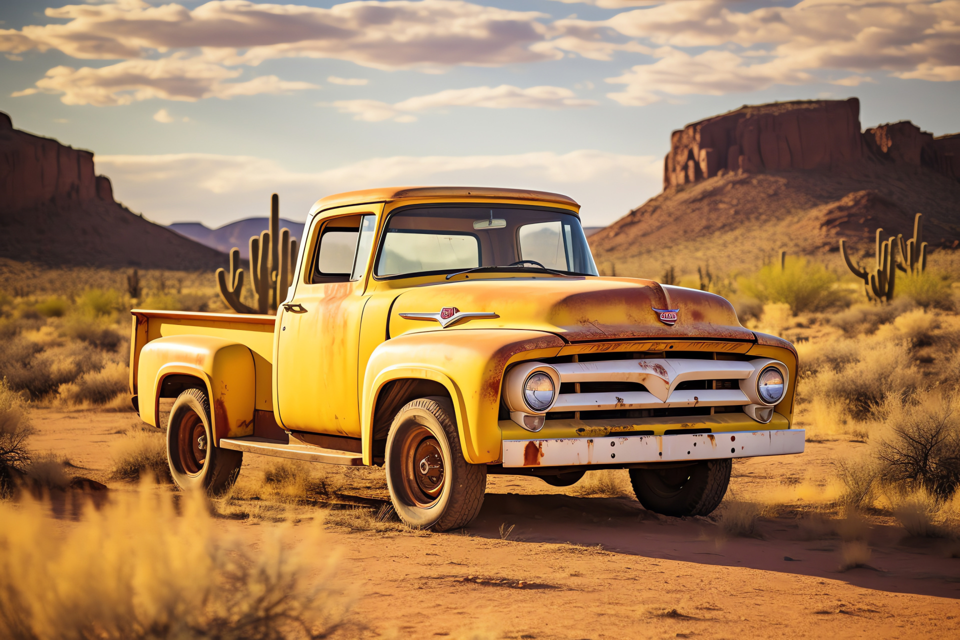 Antique Ford F-100, Southwest desert landscape, Vintage vehicle preservation, Automotive history, Classic truck silhouette, HD Desktop Image