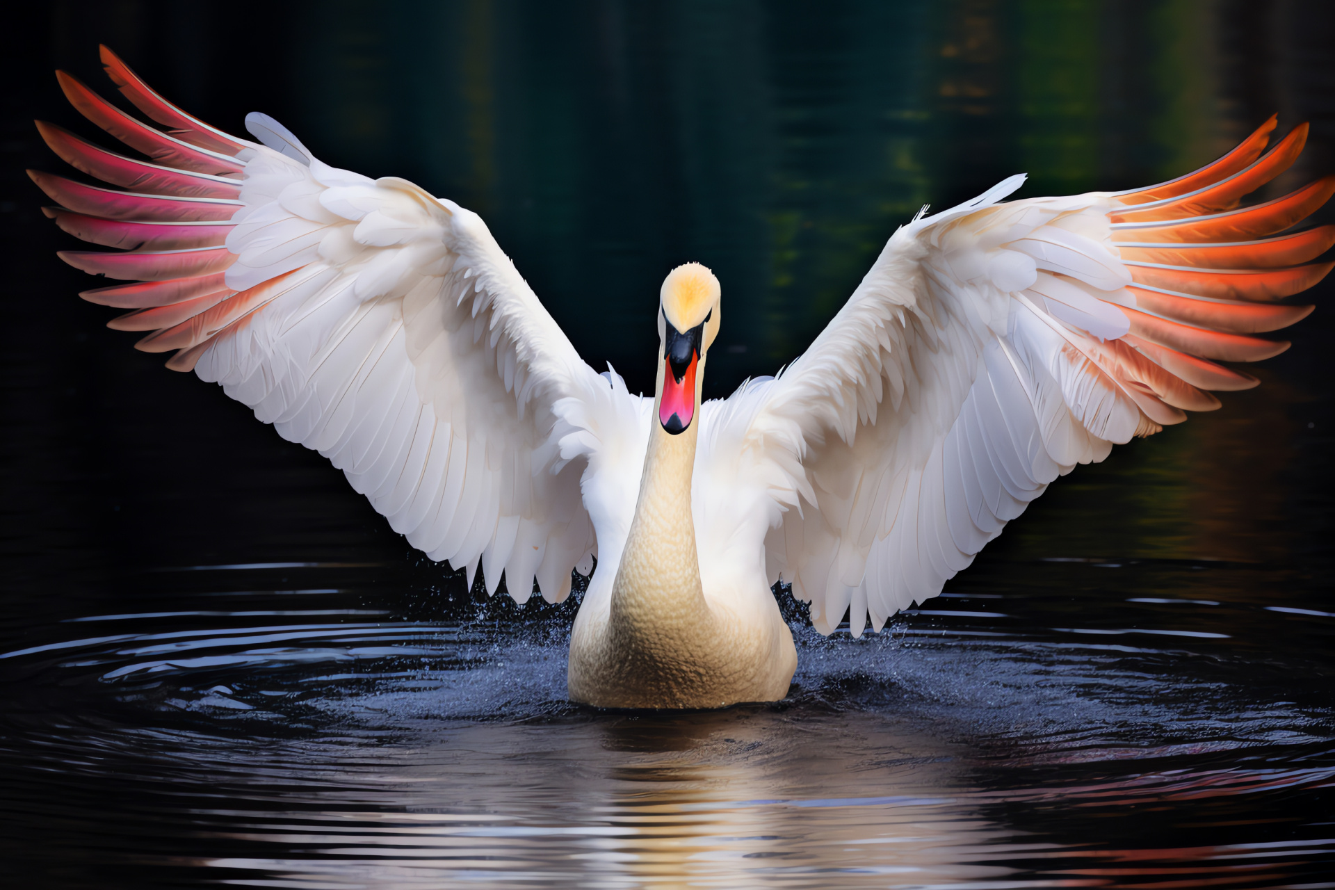 Avian wing spreading, Swan vibrant stance, Multicolor reflective setting, Backdrop scenic triad, Bird's poised motion, HD Desktop Wallpaper