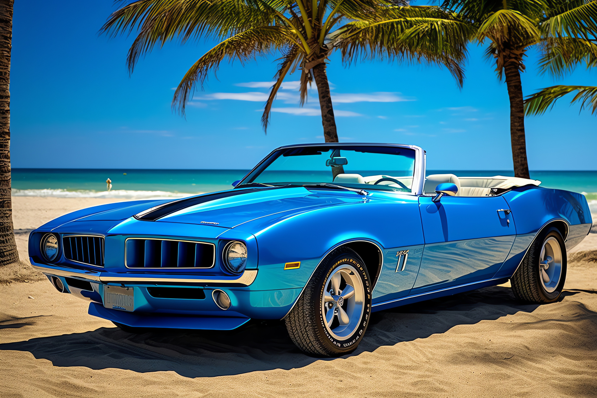 Convertible Pontiac Firebird, Metallic blue finish, Beachfront leisure, Classic American muscle, Wide sky, HD Desktop Wallpaper