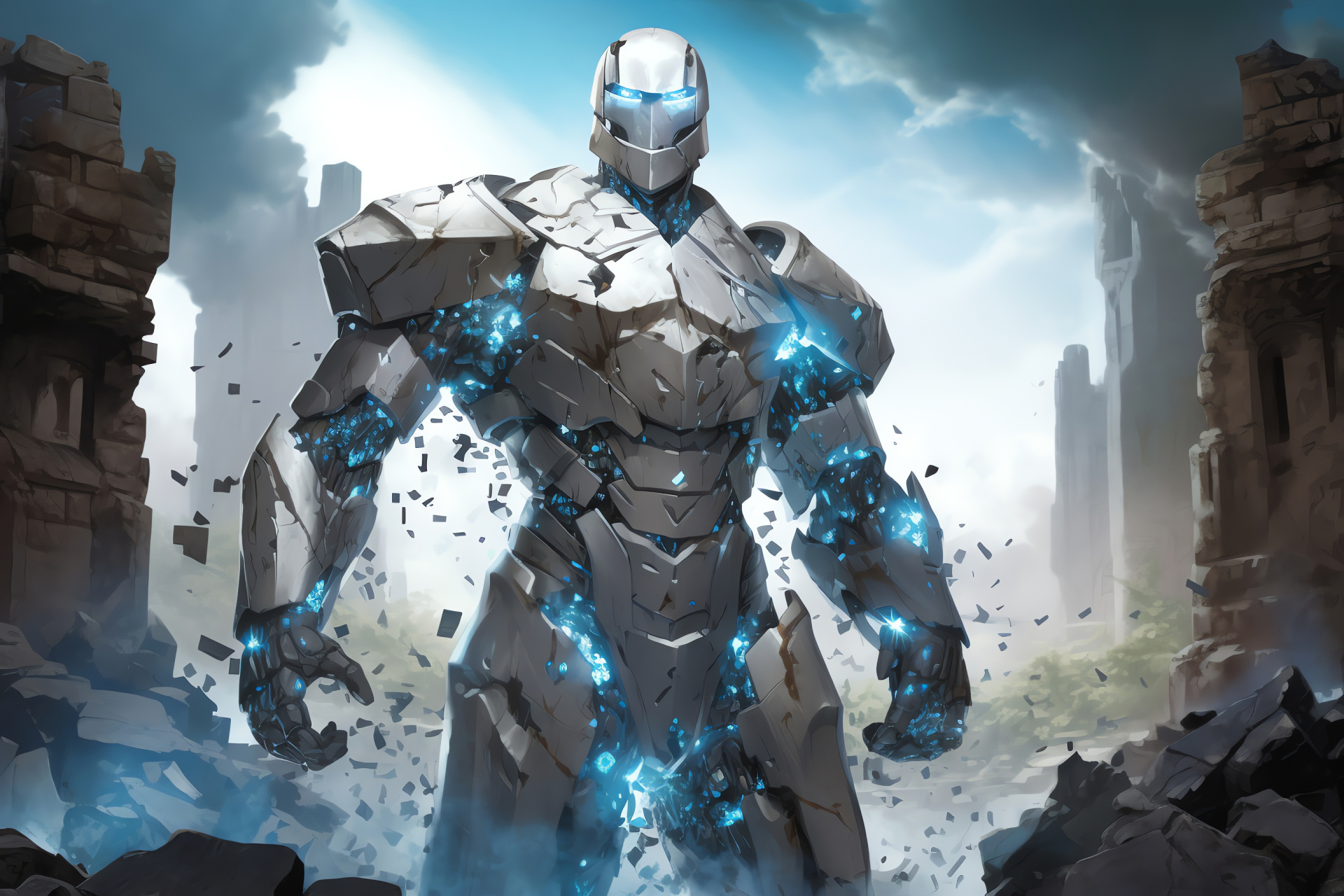 Karn Silver Golem, Stoic pose, Lustrous figure, Contained power, Enigmatic Magic The Gathering character, HD Desktop Image