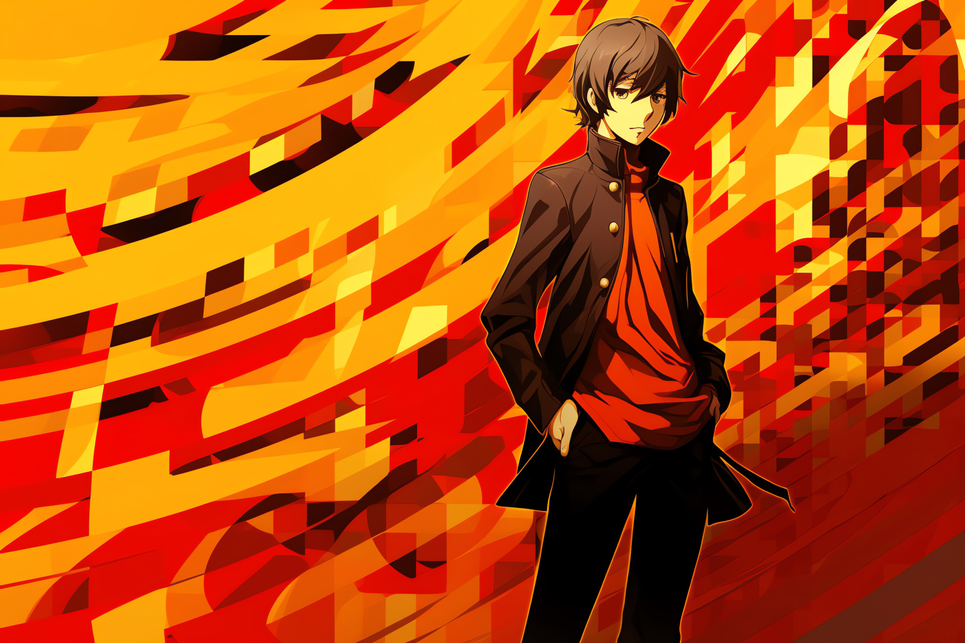 Persona 4 Golden Vita, Main character, Red-eyed teen, Animated game creation, Confident look, HD Desktop Image