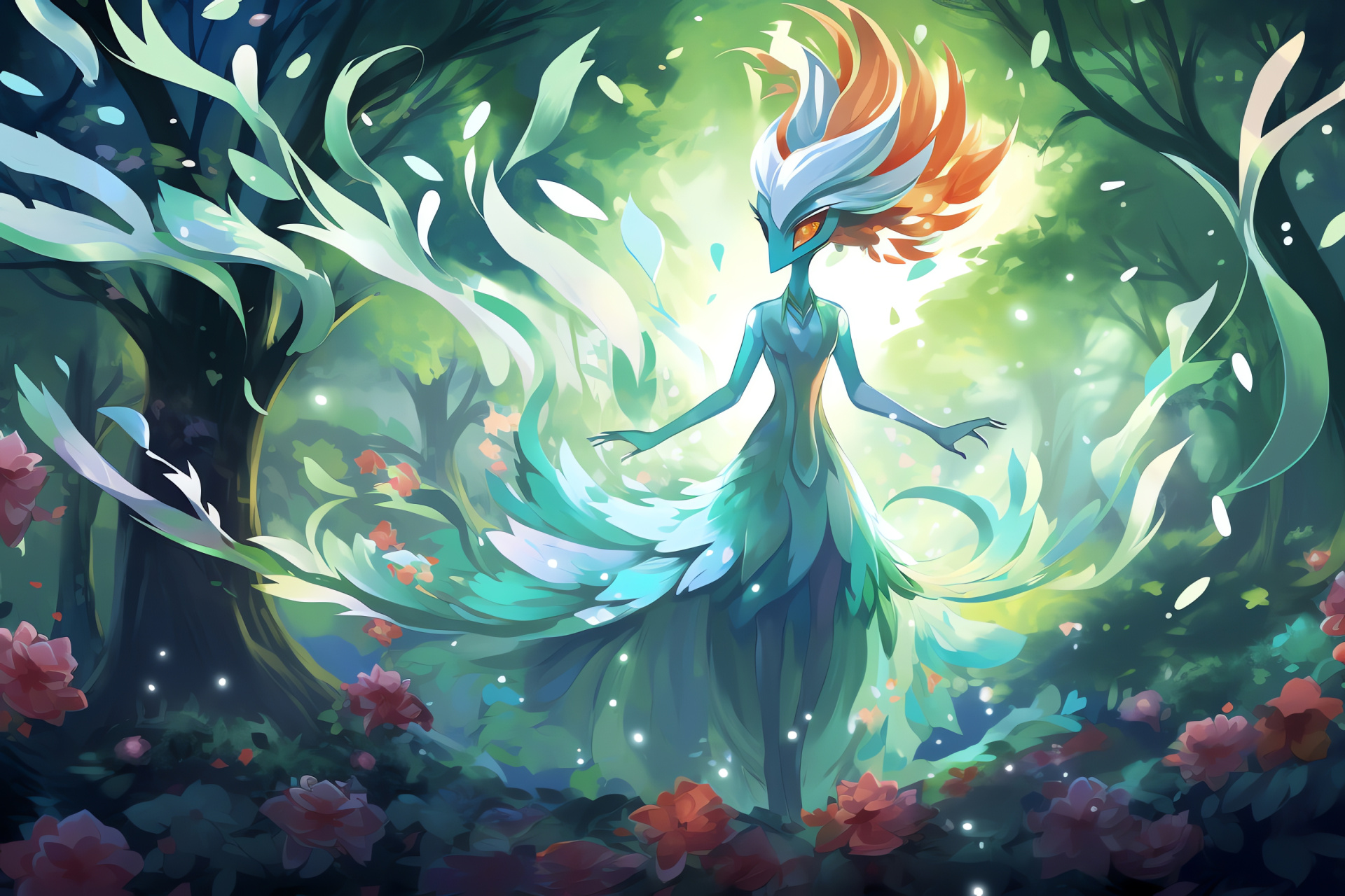 Mega Gardevoir habitat, Enchanted woodlands, Levitation show, Glowing sphere elements, Mystic force field, HD Desktop Wallpaper