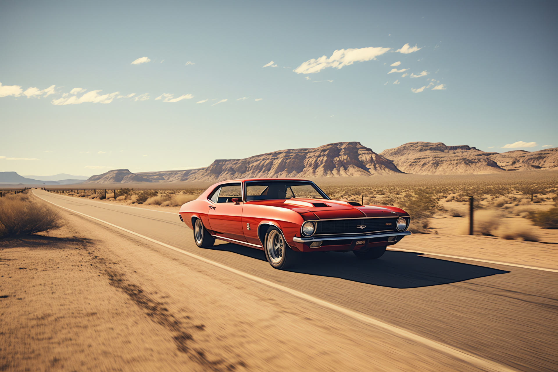 Red muscle car, Historic Route 66, Americana transportation, Expansive desert scene, HD Desktop Image