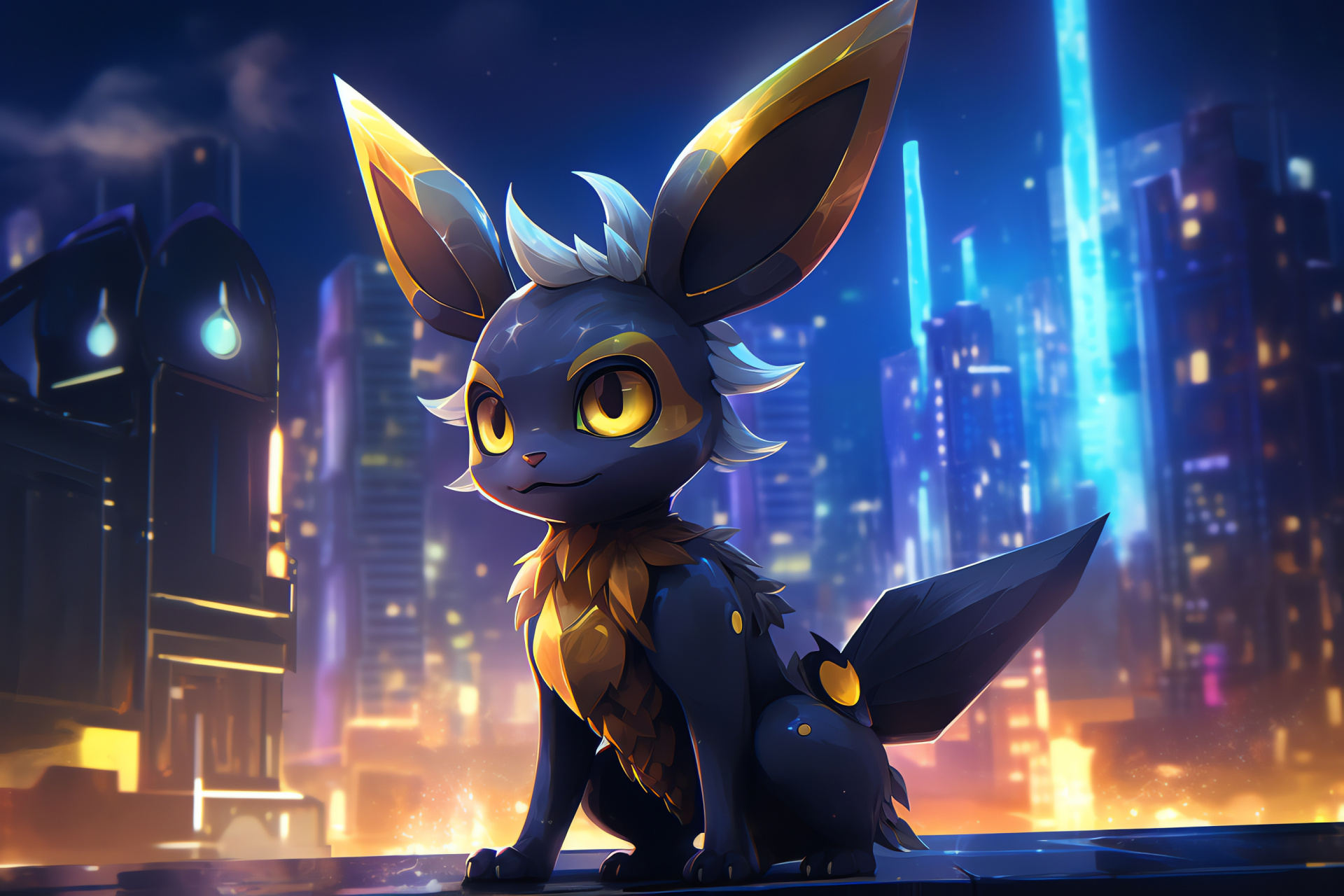 Umbreon, Pokmon series, Night-time metropolis, Skyline silhouette, Neon illumination, HD Desktop Image