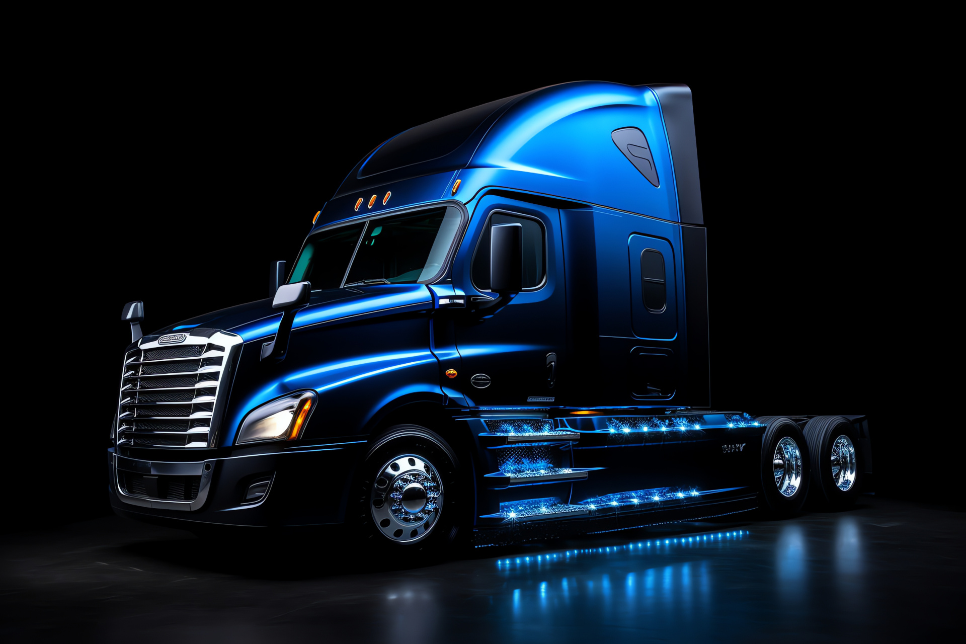 Freightliner Cascadia, Semi Truck, side angle, glossy blue finish, black background showcase, HD Desktop Wallpaper