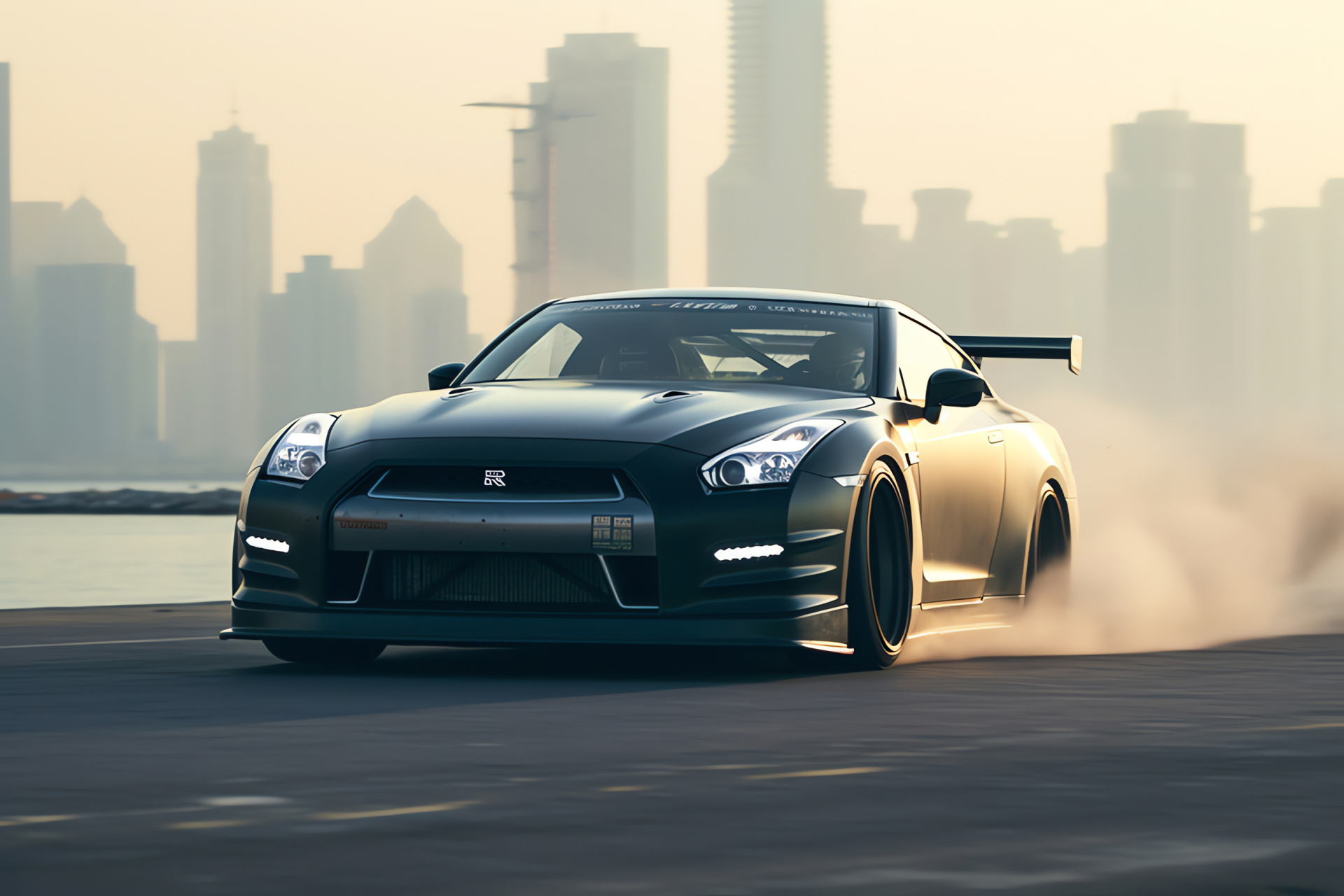 Nissan GTR drifting, Dubai city, Palm Jumeirah views, Luxury hotel setting, High-performance action, HD Desktop Wallpaper