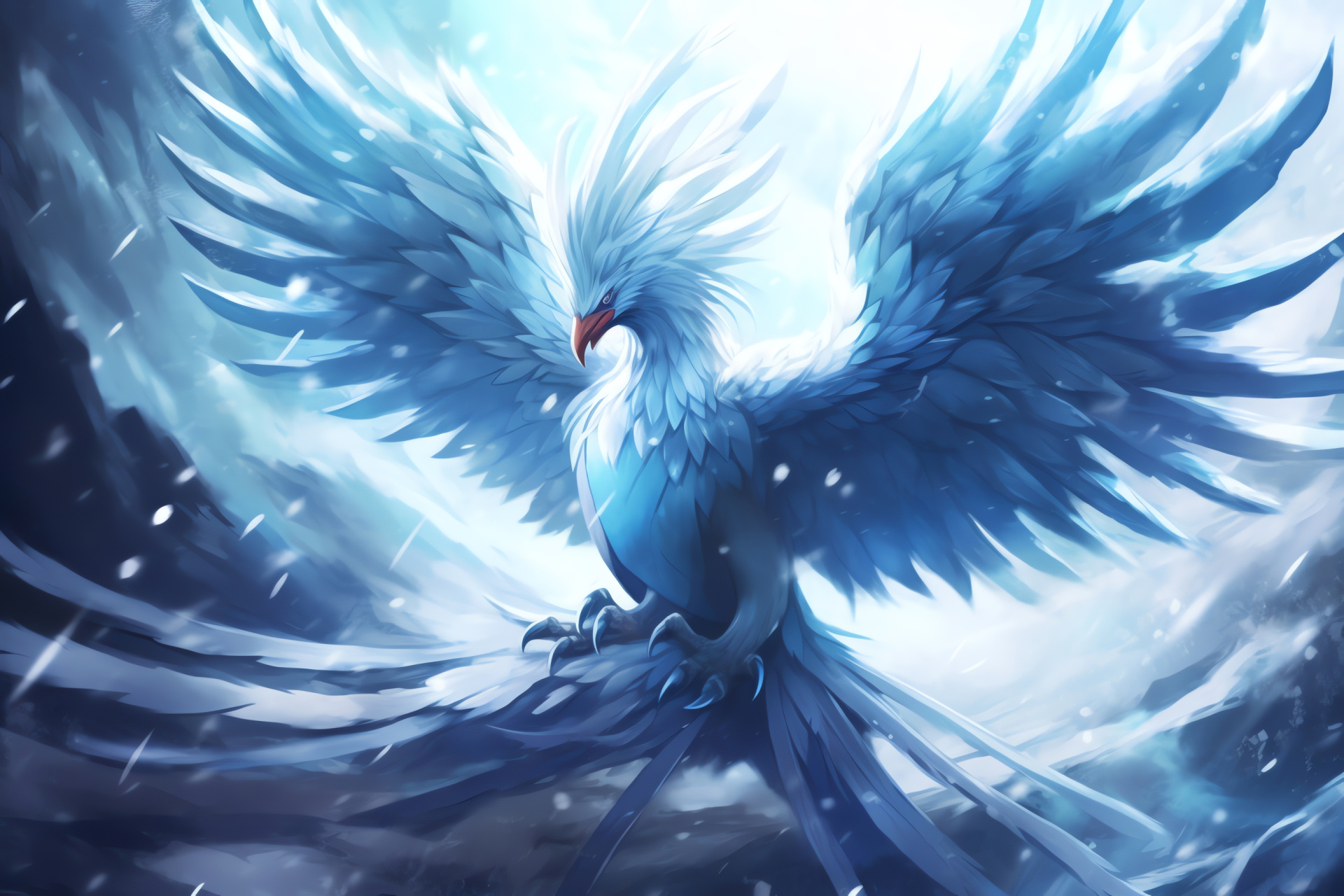 Articuno Pokemon, Wintery Blizzard move, Dramatic aerial battles, Frostbound scenery, Ice-winged predator, HD Desktop Image